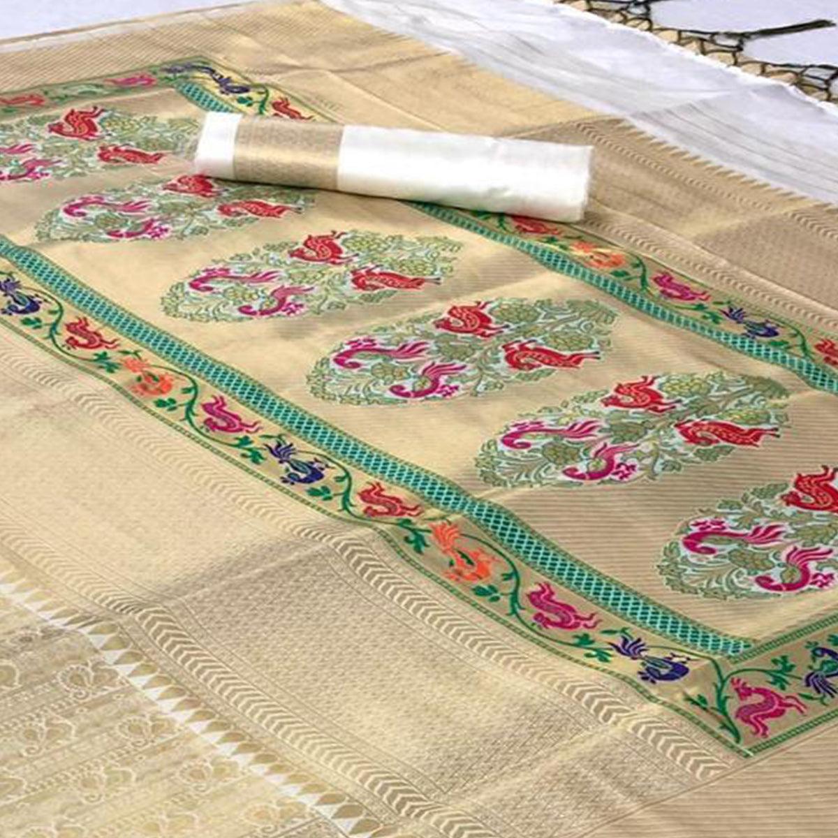 Demanding Cream Colored Festive Wear Woven Pure Soft Silk Saree - Peachmode