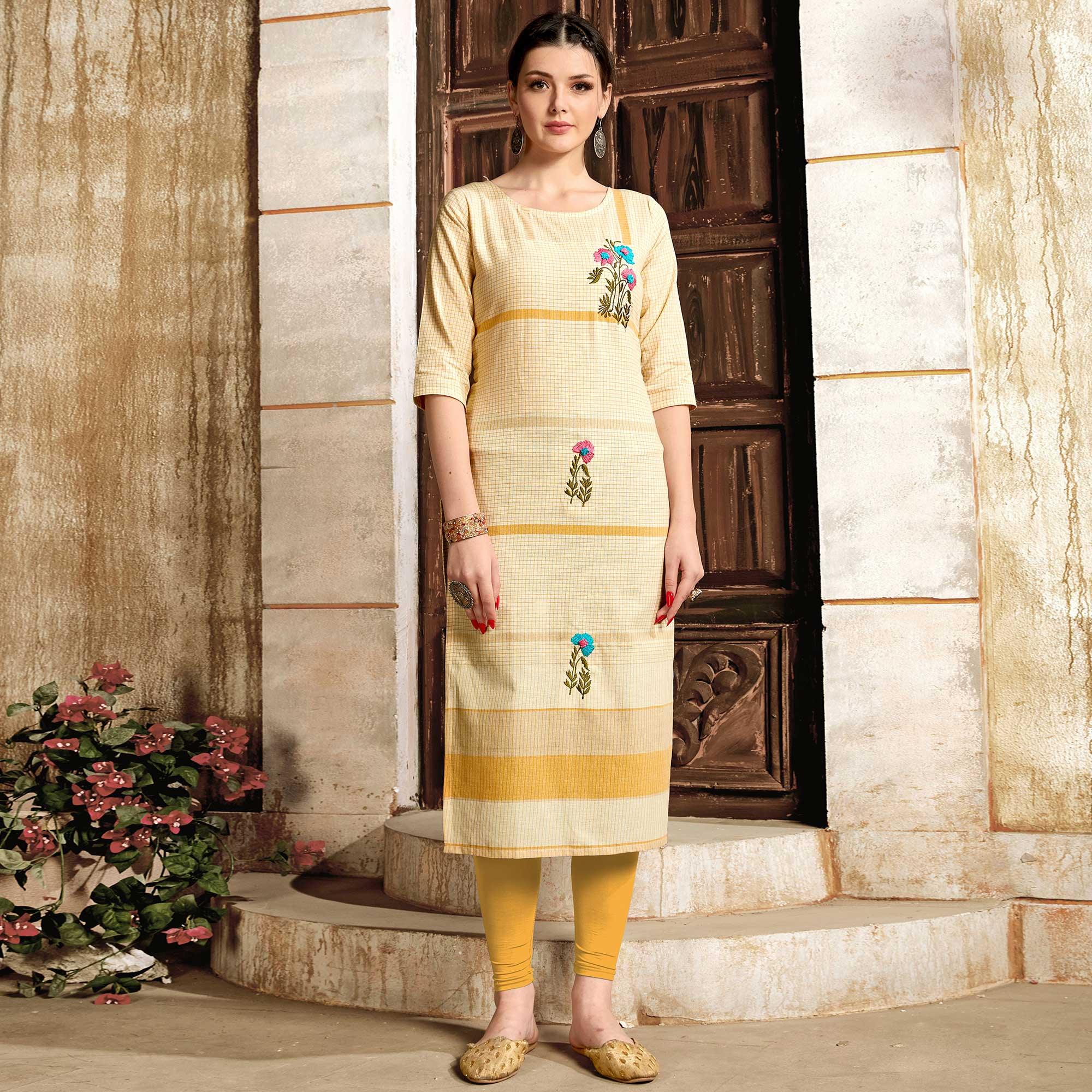 Demanding Cream - Mustard Colored Casual Wear Embroidered Pure Cotton Kurti - Peachmode