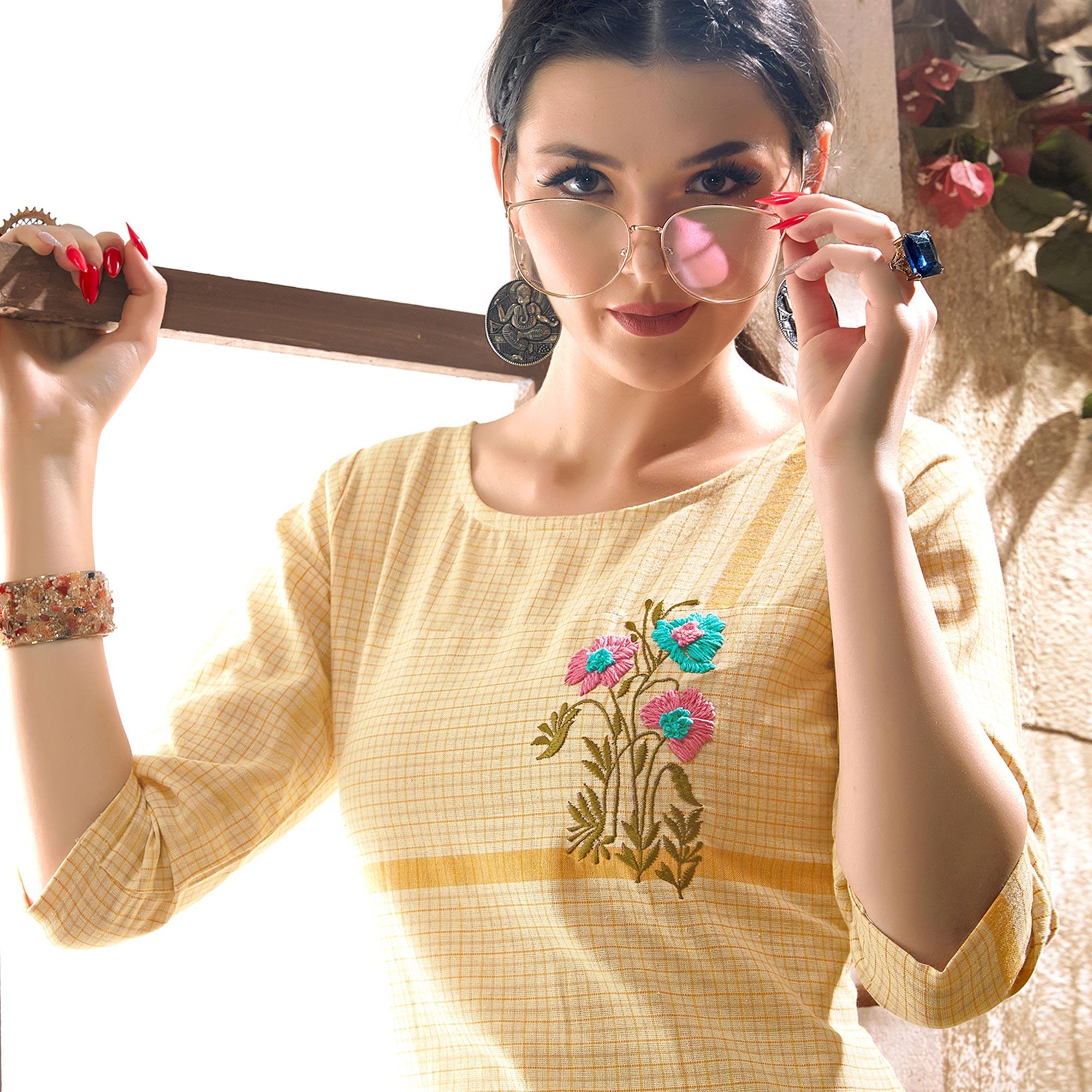 Demanding Cream - Mustard Colored Casual Wear Embroidered Pure Cotton Kurti - Peachmode