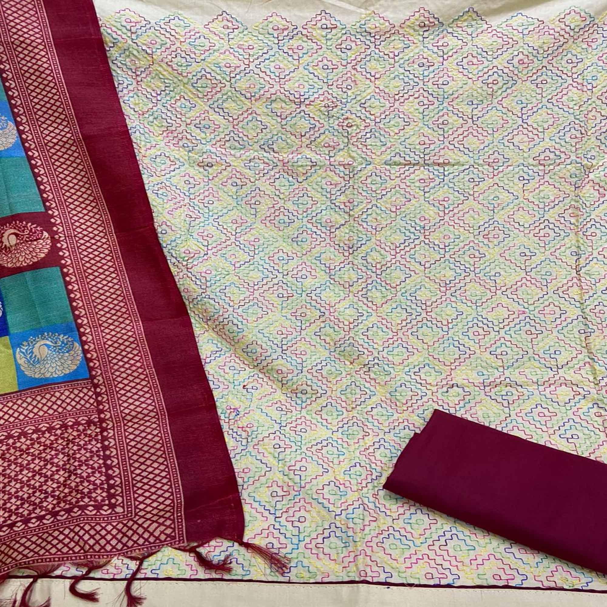 Demanding Cream - Red Colored Casual Wear Embroidered Chanderi Dress Material - Peachmode