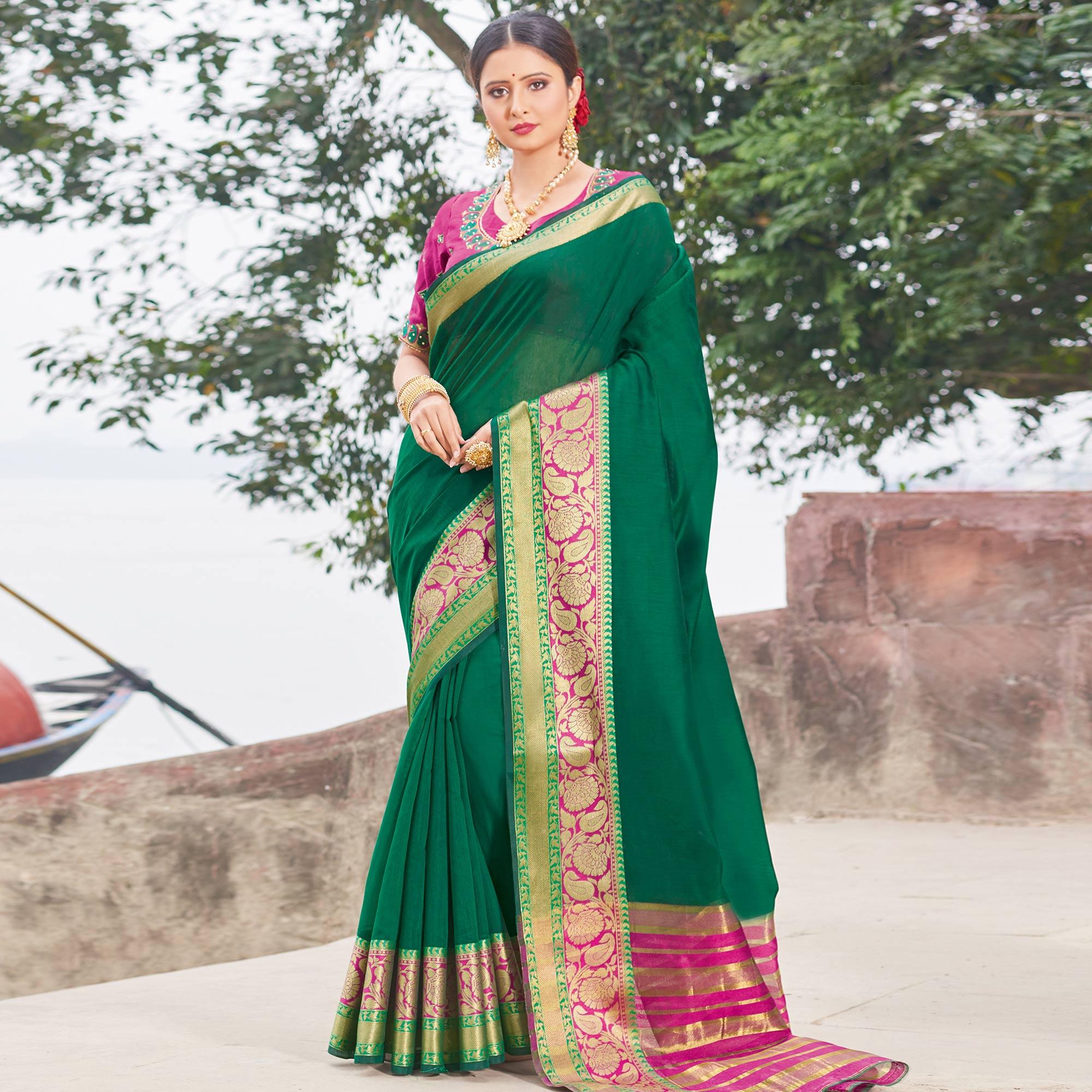 Demanding Dark Green Colored Festive Wear Woven Handloom Silk Saree - Peachmode