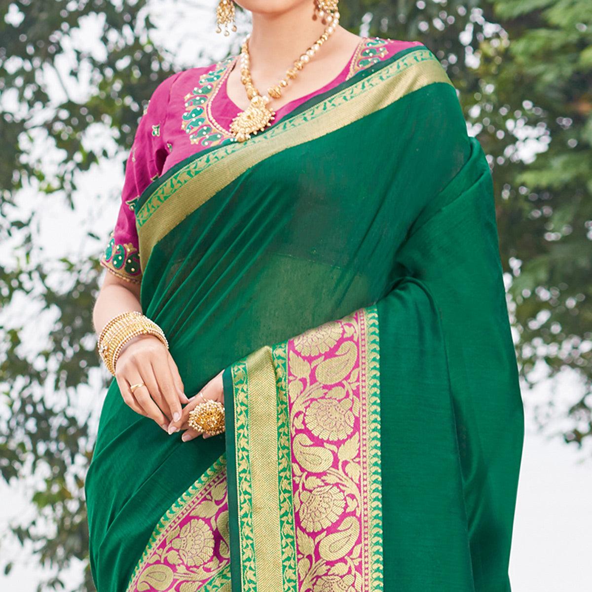 Demanding Dark Green Colored Festive Wear Woven Handloom Silk Saree - Peachmode