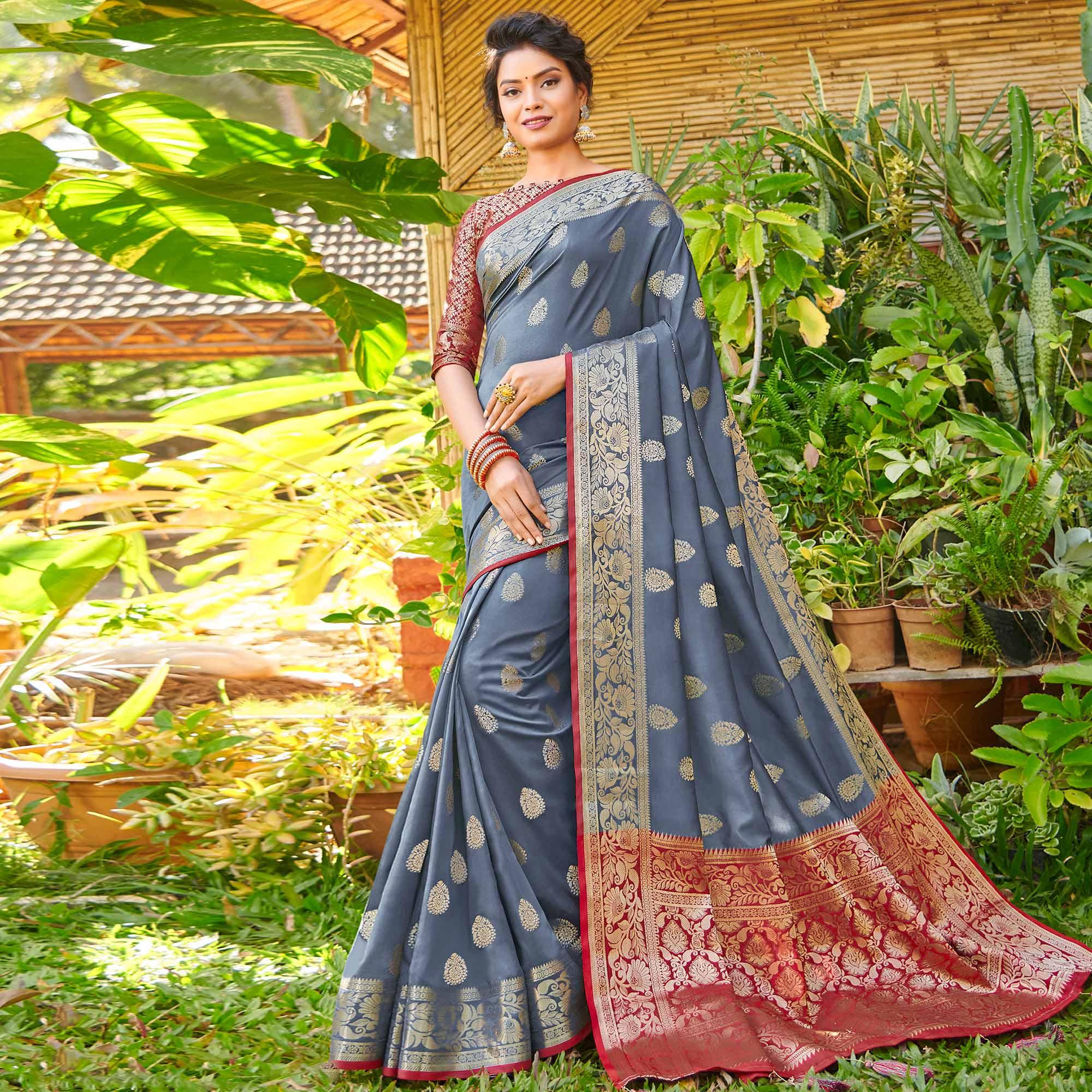 Demanding Dark Grey Colored Festive Wear Woven Silk Saree - Peachmode