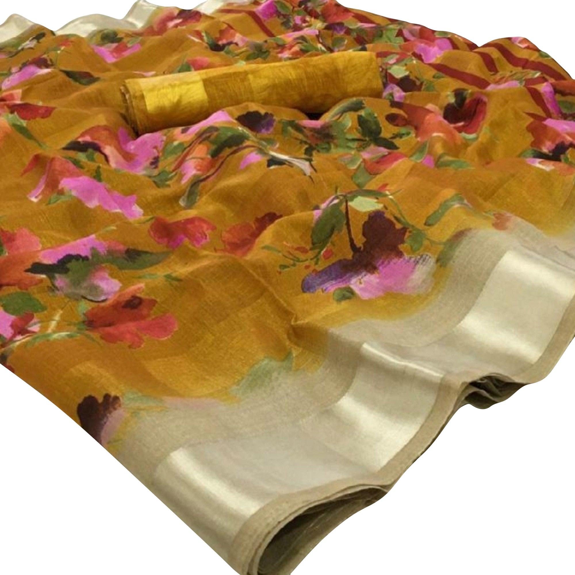 Demanding Golden Colored Casual Floral Printed Linen Saree - Peachmode