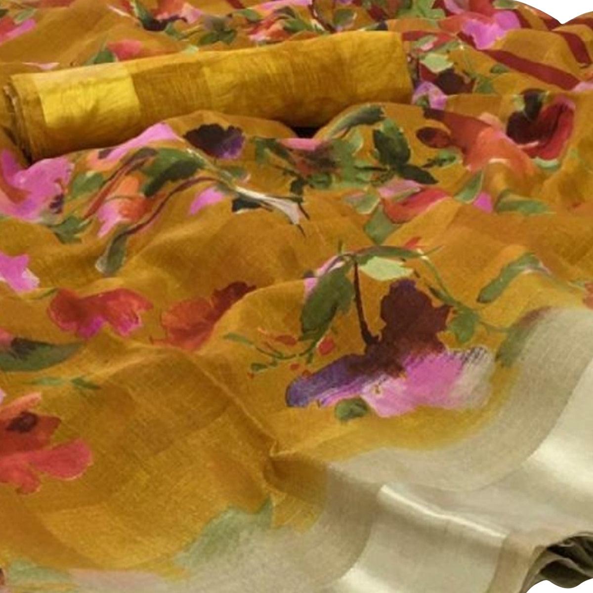 Demanding Golden Colored Casual Floral Printed Linen Saree - Peachmode