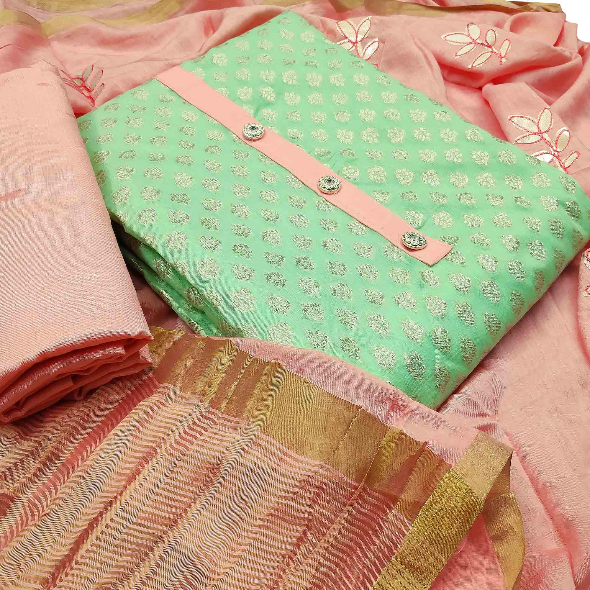Demanding Green Colored Festive Wear Woven Heavy Banarasi Silk Dress Material - Peachmode