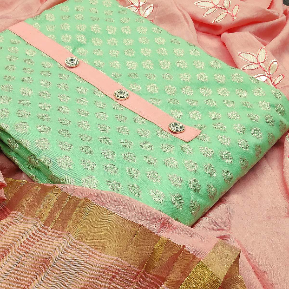 Demanding Green Colored Festive Wear Woven Heavy Banarasi Silk Dress Material - Peachmode