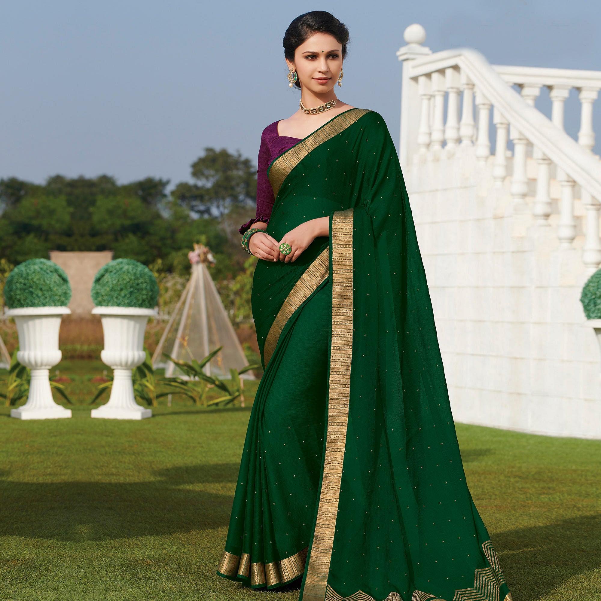 Demanding Green Colored Party Wear Embroidered Chiffon Saree - Peachmode