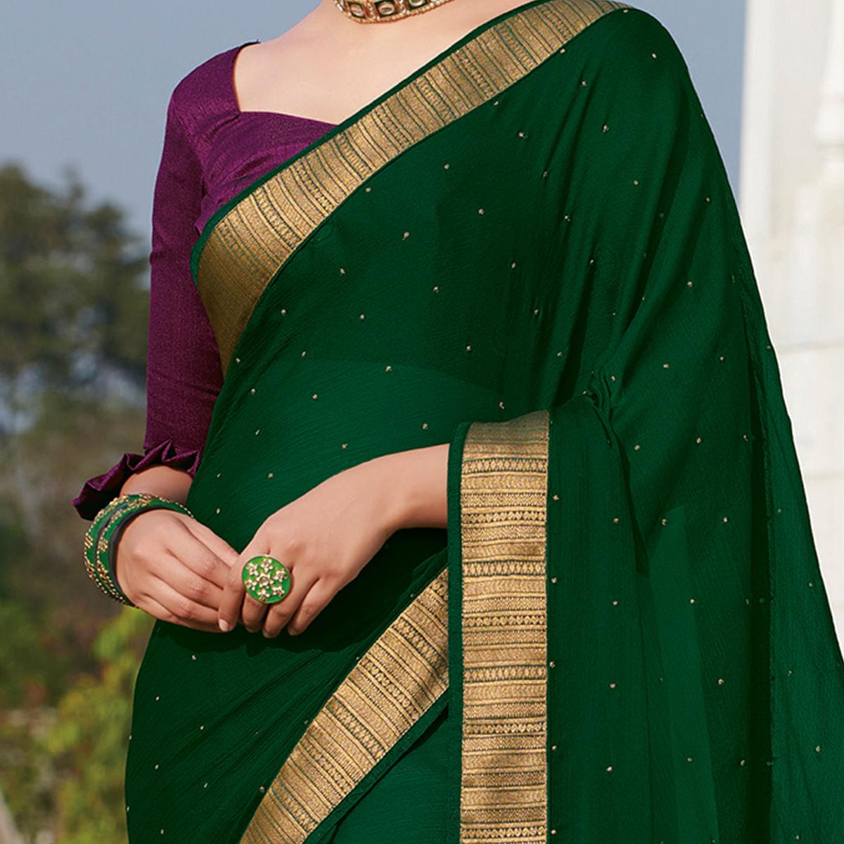 Demanding Green Colored Party Wear Embroidered Chiffon Saree - Peachmode