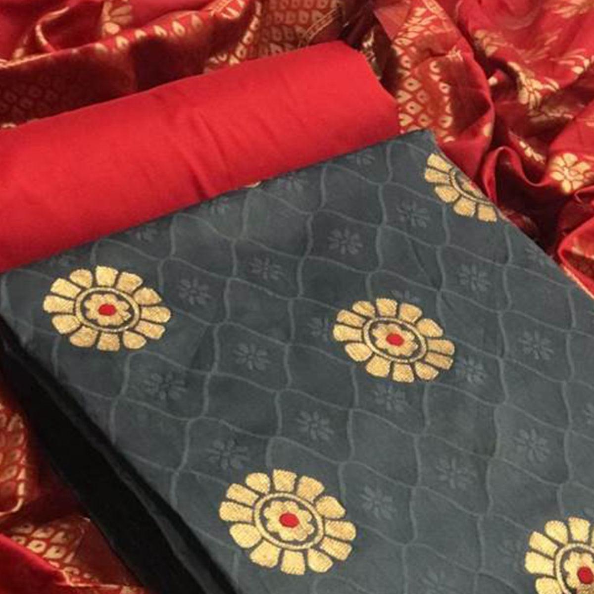 Demanding Grey Colored Casual Wear Banarasi Silk Dress Material - Peachmode