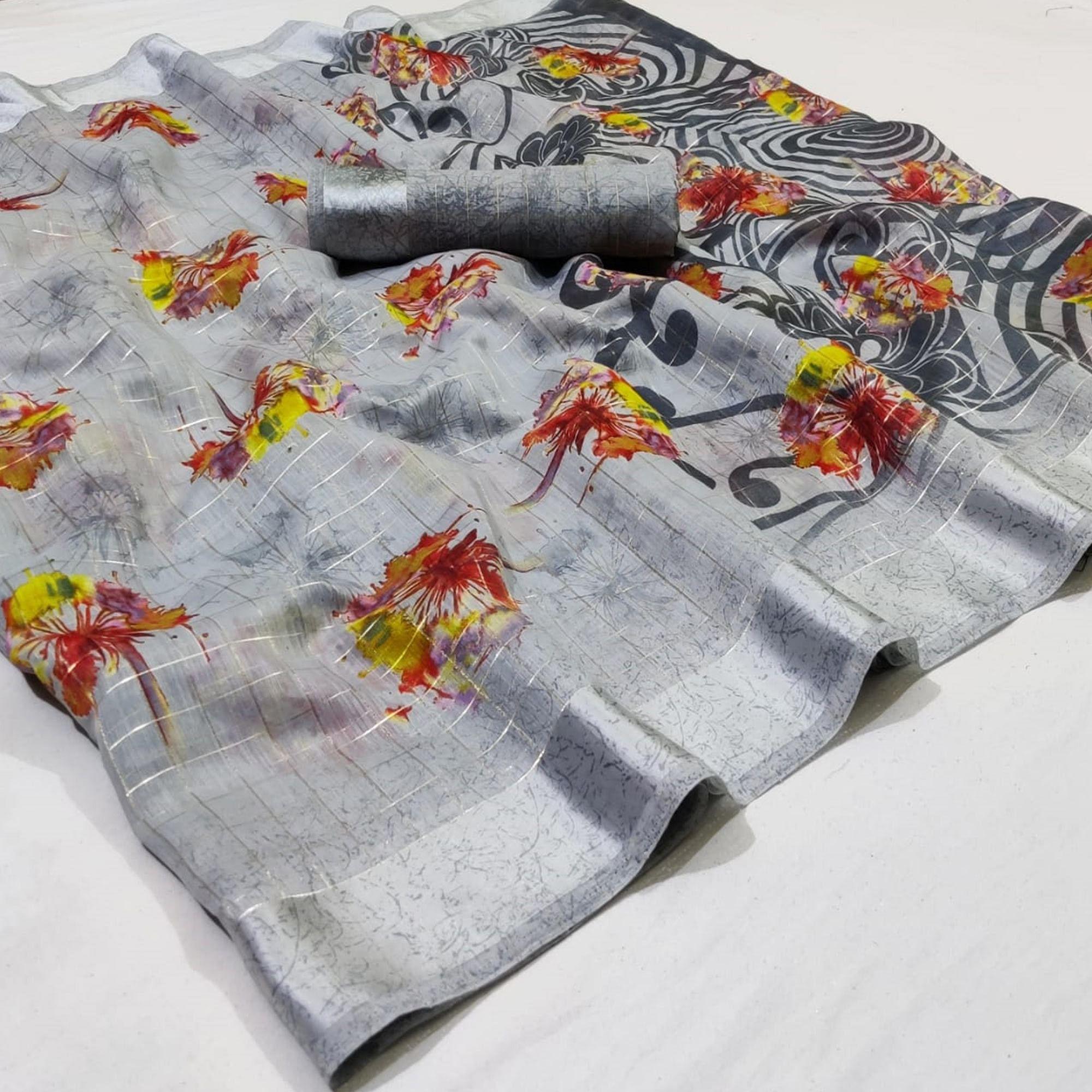 Demanding Grey Colored Casual Wear Printed Linen Saree - Peachmode