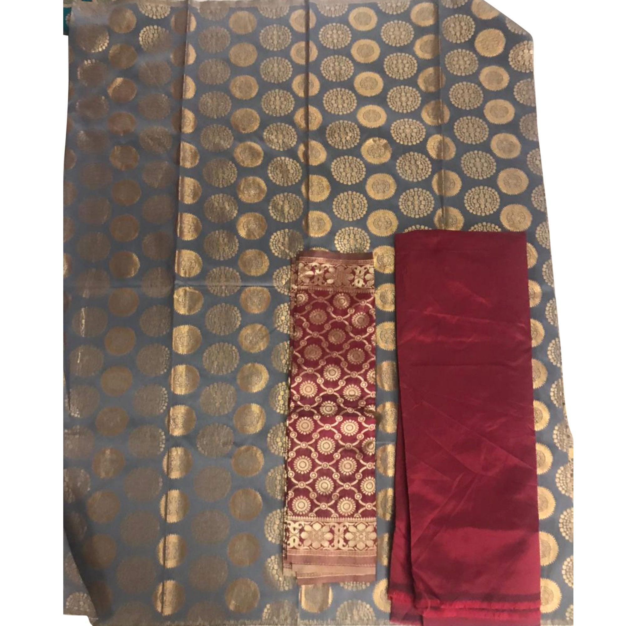 Demanding Grey Colored Casual Wear Woven Banarasi Silk Dress Material - Peachmode