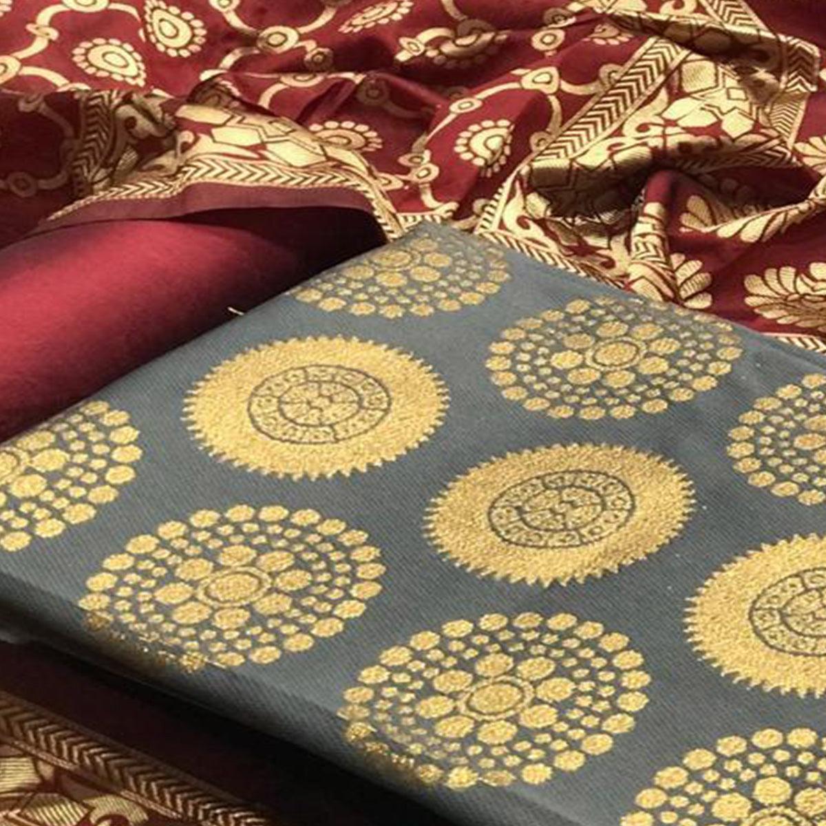 Demanding Grey Colored Casual Wear Woven Banarasi Silk Dress Material - Peachmode