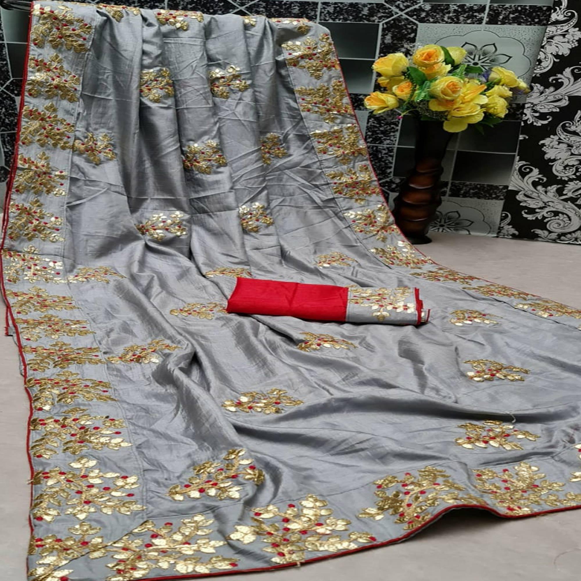 Demanding Grey Colored Festive Wear Butta Work Dola Silk Saree - Peachmode