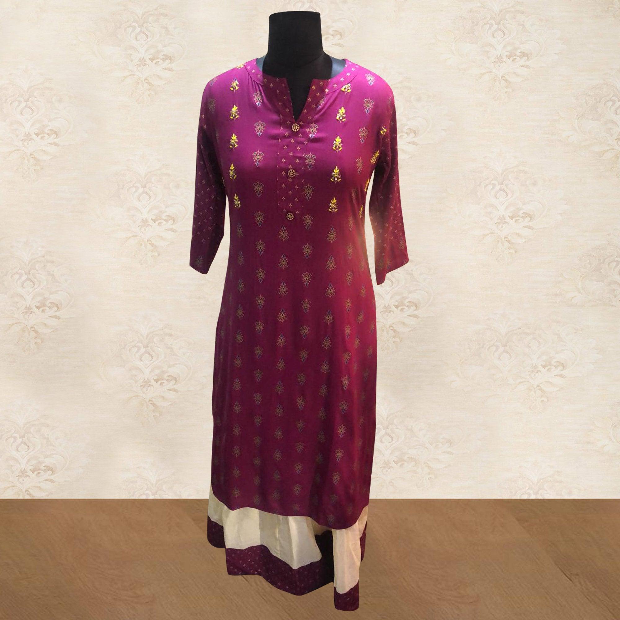 Demanding Magenta Pink Colored Partywear Printed Cotton Kurti-Skirt Set - Peachmode