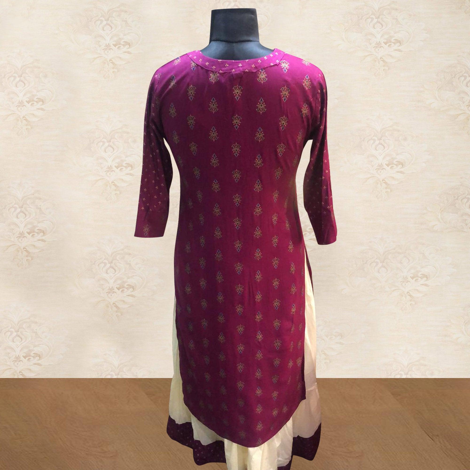 Demanding Magenta Pink Colored Partywear Printed Cotton Kurti-Skirt Set - Peachmode