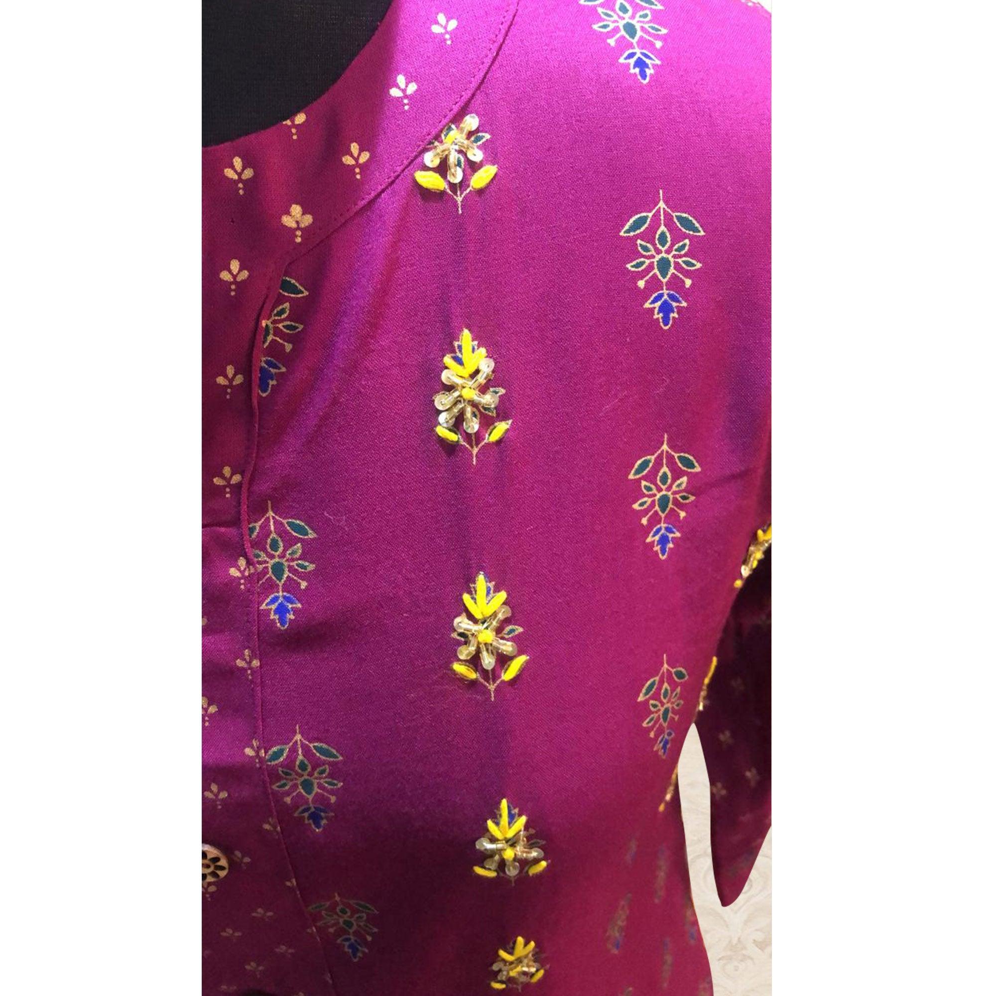 Demanding Magenta Pink Colored Partywear Printed Cotton Kurti-Skirt Set - Peachmode