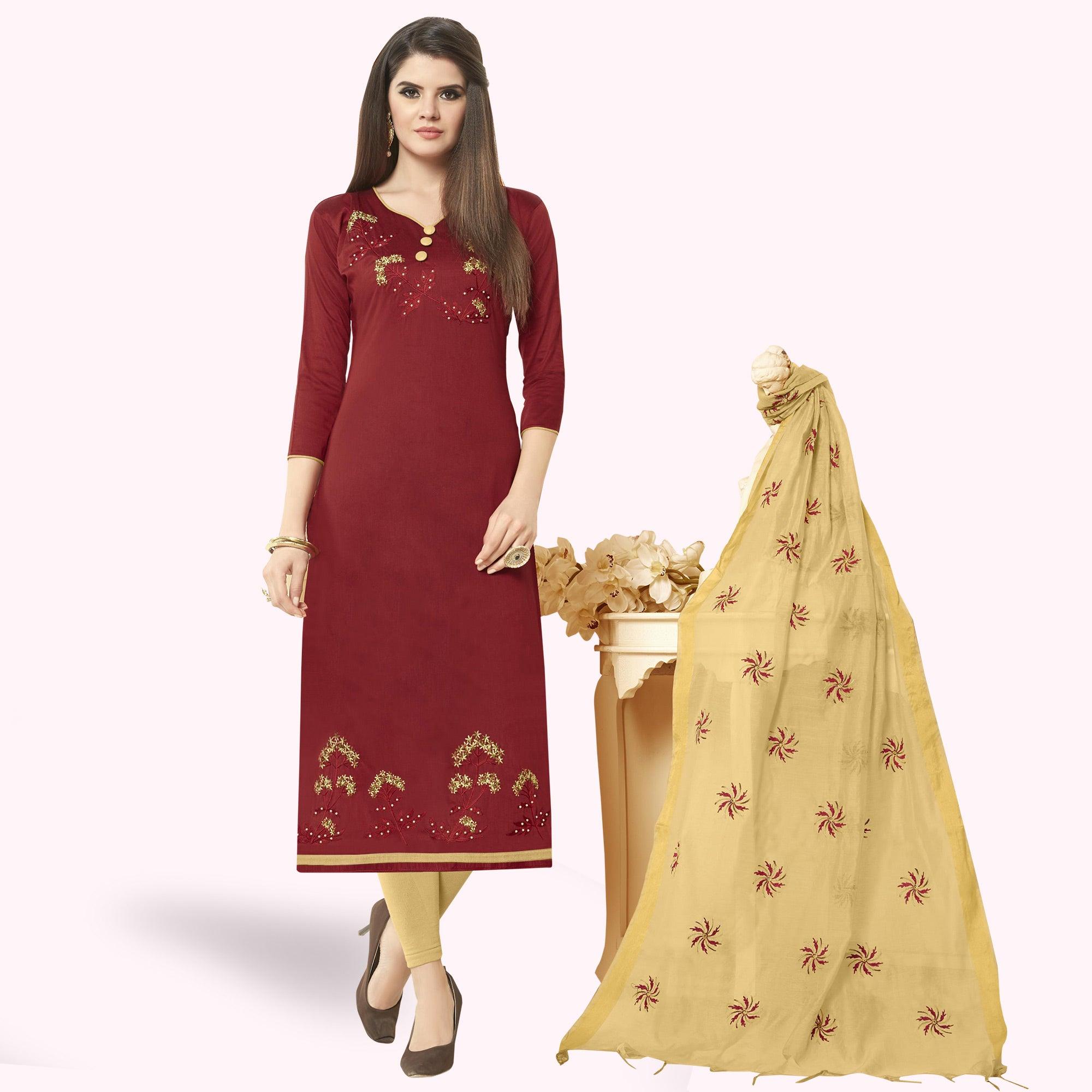 Demanding Maroon Colored Casual Wear Embroidered Cotton Dress Material - Peachmode