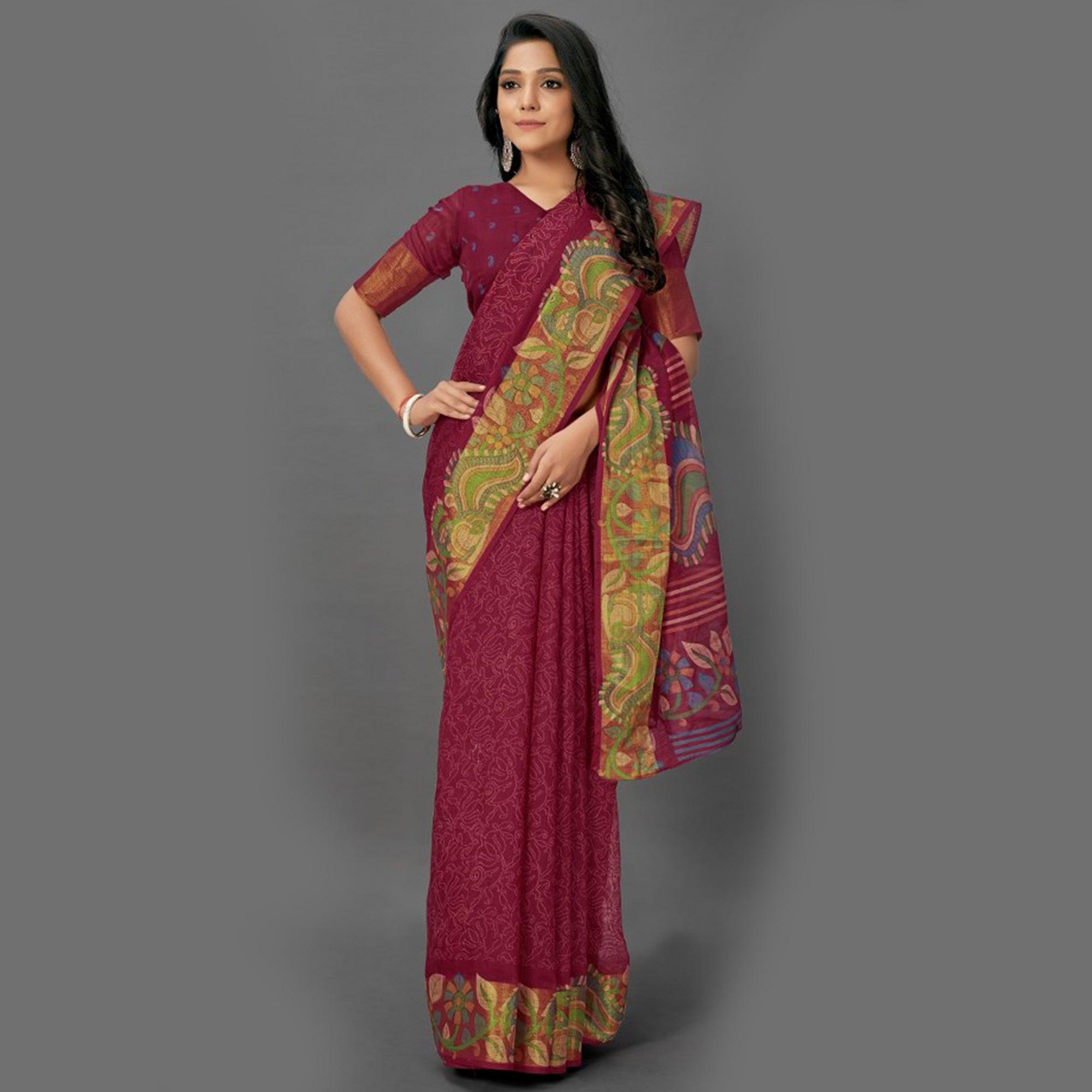Demanding Maroon Colored Casual Wear Printed Cotton Saree - Peachmode