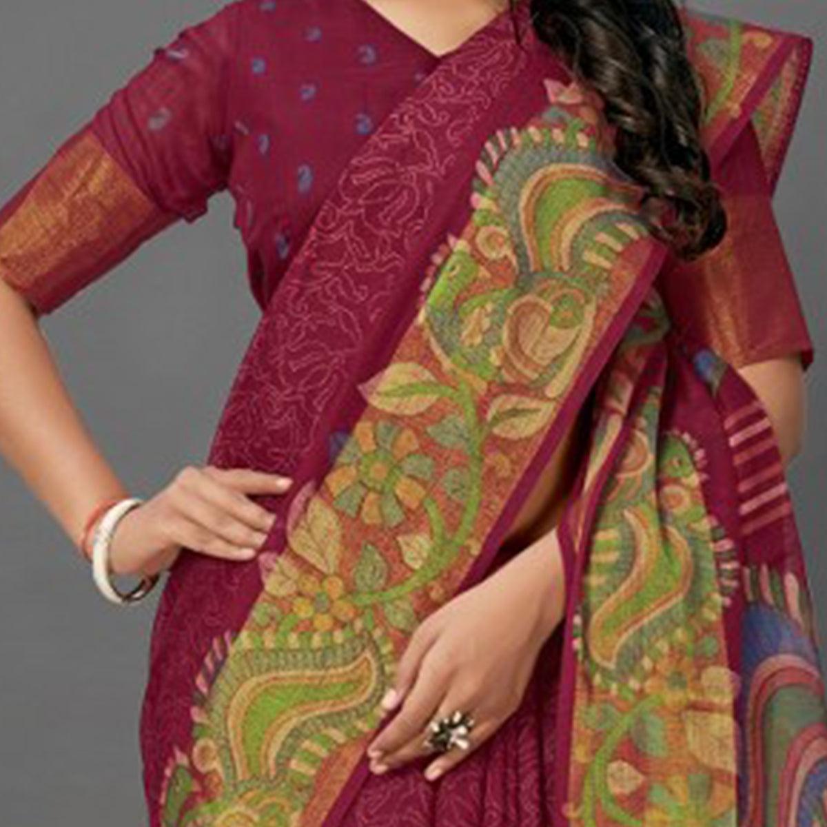 Demanding Maroon Colored Casual Wear Printed Cotton Saree - Peachmode