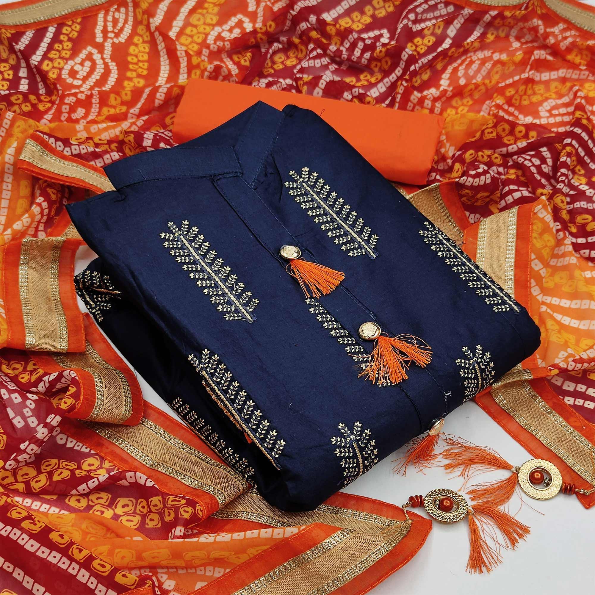 Demanding Navy Blue Colored Casual Wear Embroidered Cotton Dress Material - Peachmode