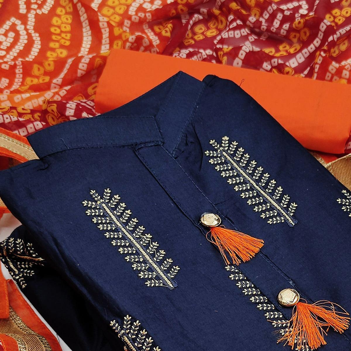 Demanding Navy Blue Colored Casual Wear Embroidered Cotton Dress Material - Peachmode