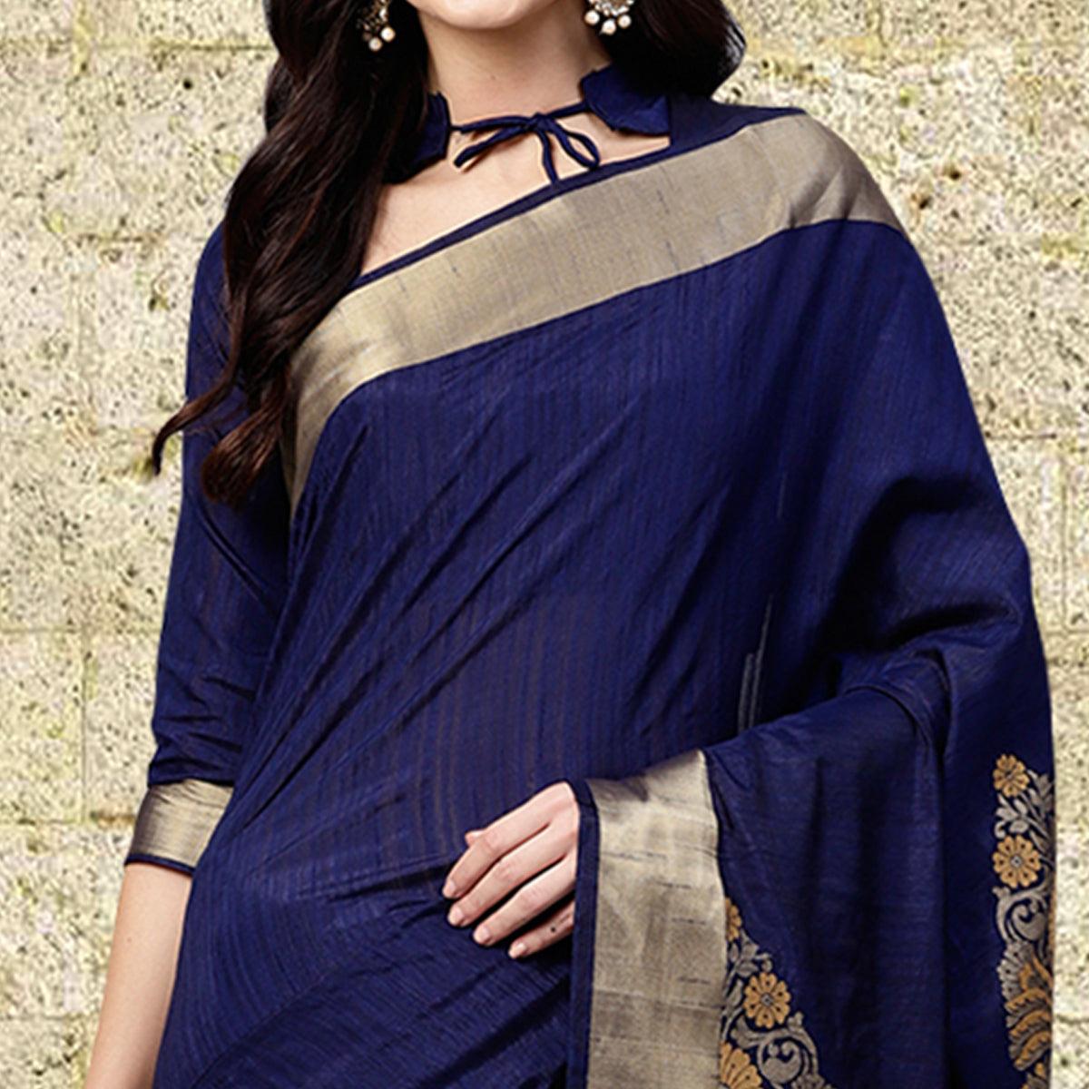 Demanding Navy Blue Colored Festive Wear Woven Silk Blend Saree - Peachmode