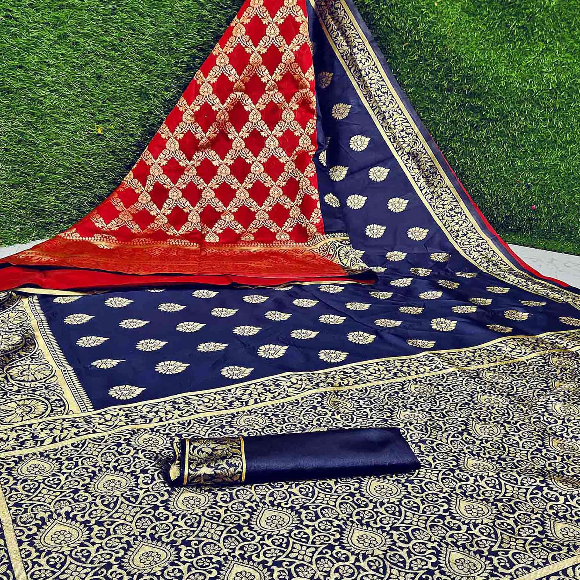Demanding Navy Blue -  Red Colored Festive Wear Woven Heavy Art Silk Saree - Peachmode