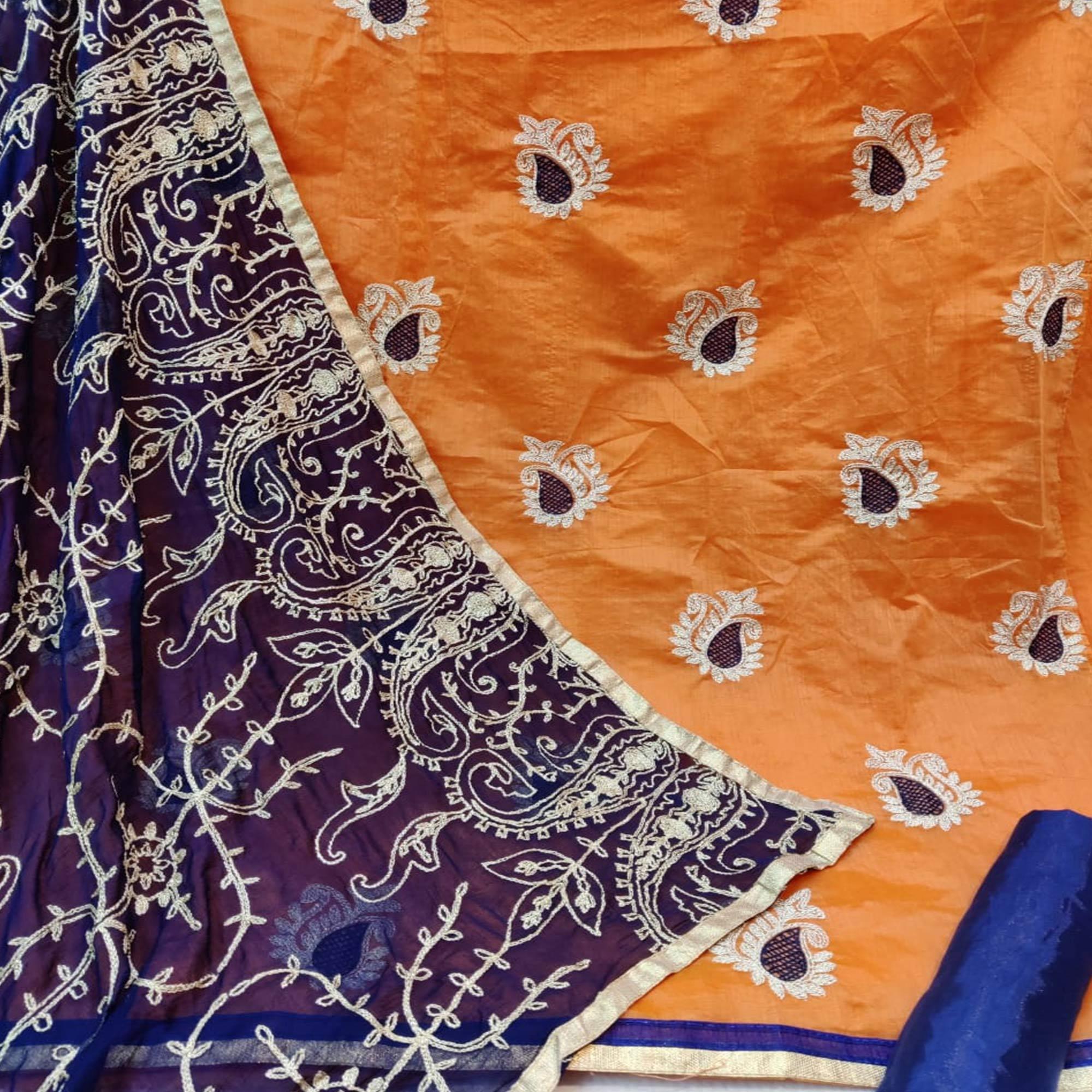 Demanding Orange Colored Casual Wear Embroidered Chanderi Dress Material - Peachmode
