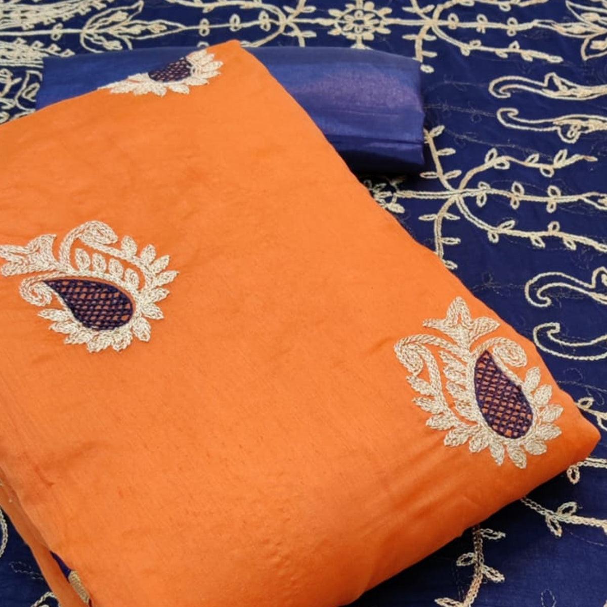 Demanding Orange Colored Casual Wear Embroidered Chanderi Dress Material - Peachmode