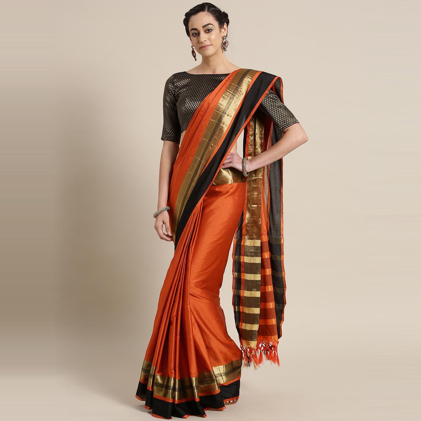 Demanding Orange Colored Festive Wear Woven Cotton Silk Saree - Peachmode