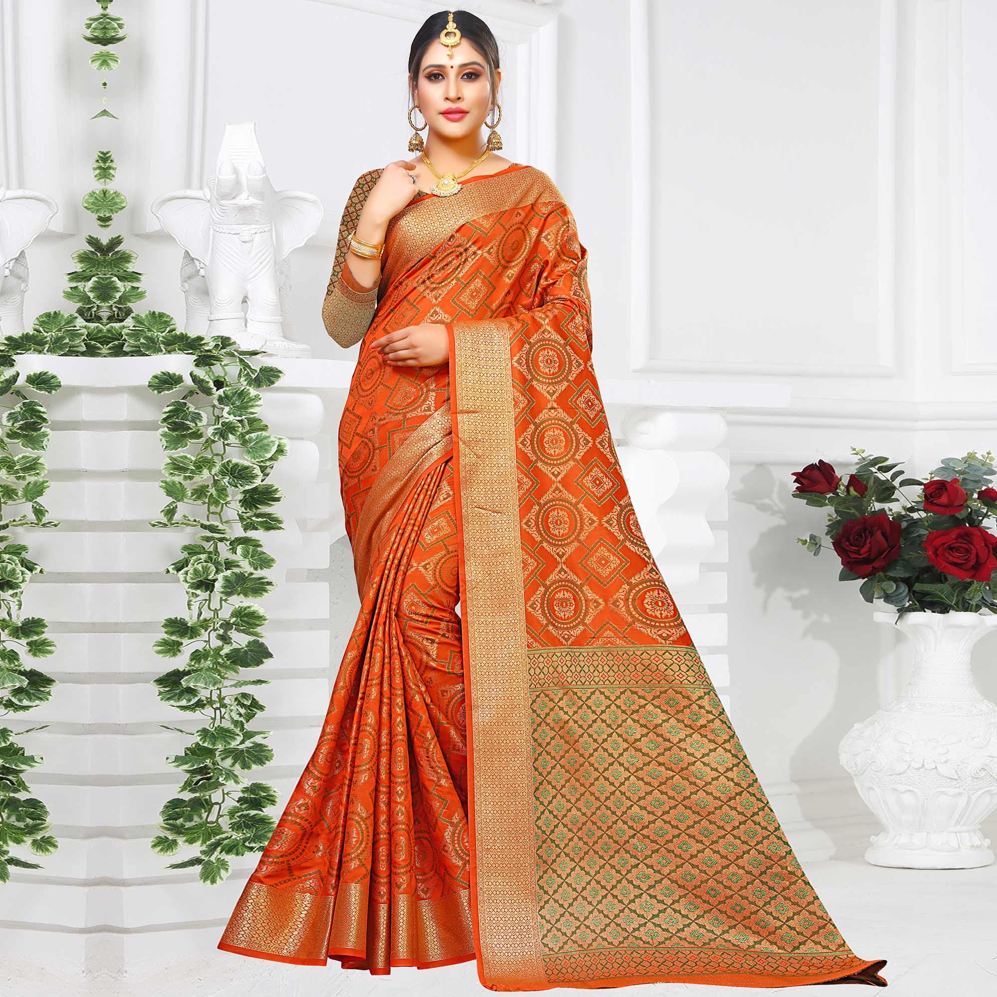 Demanding Orange Colored Festive Wear Woven Silk Saree - Peachmode