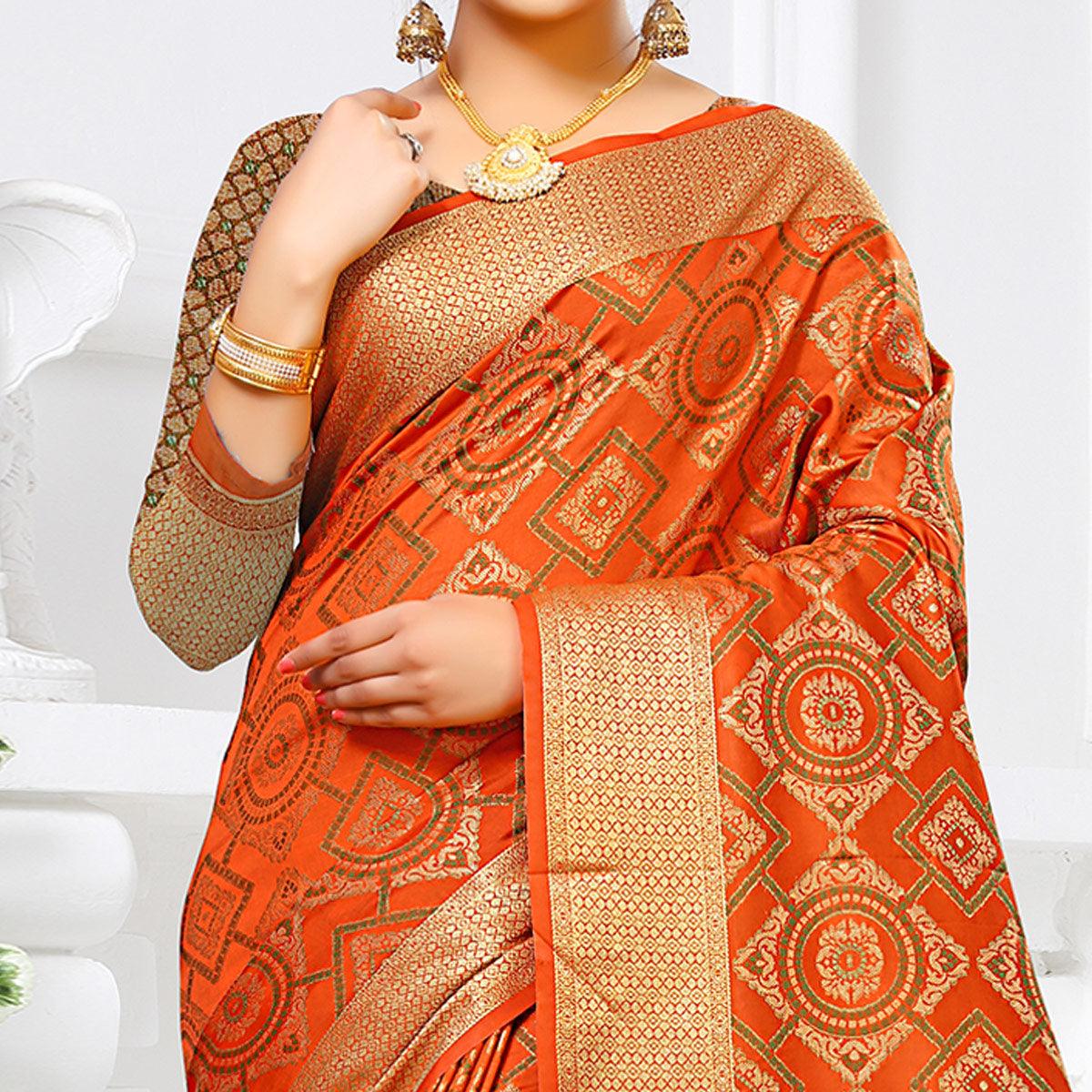 Demanding Orange Colored Festive Wear Woven Silk Saree - Peachmode