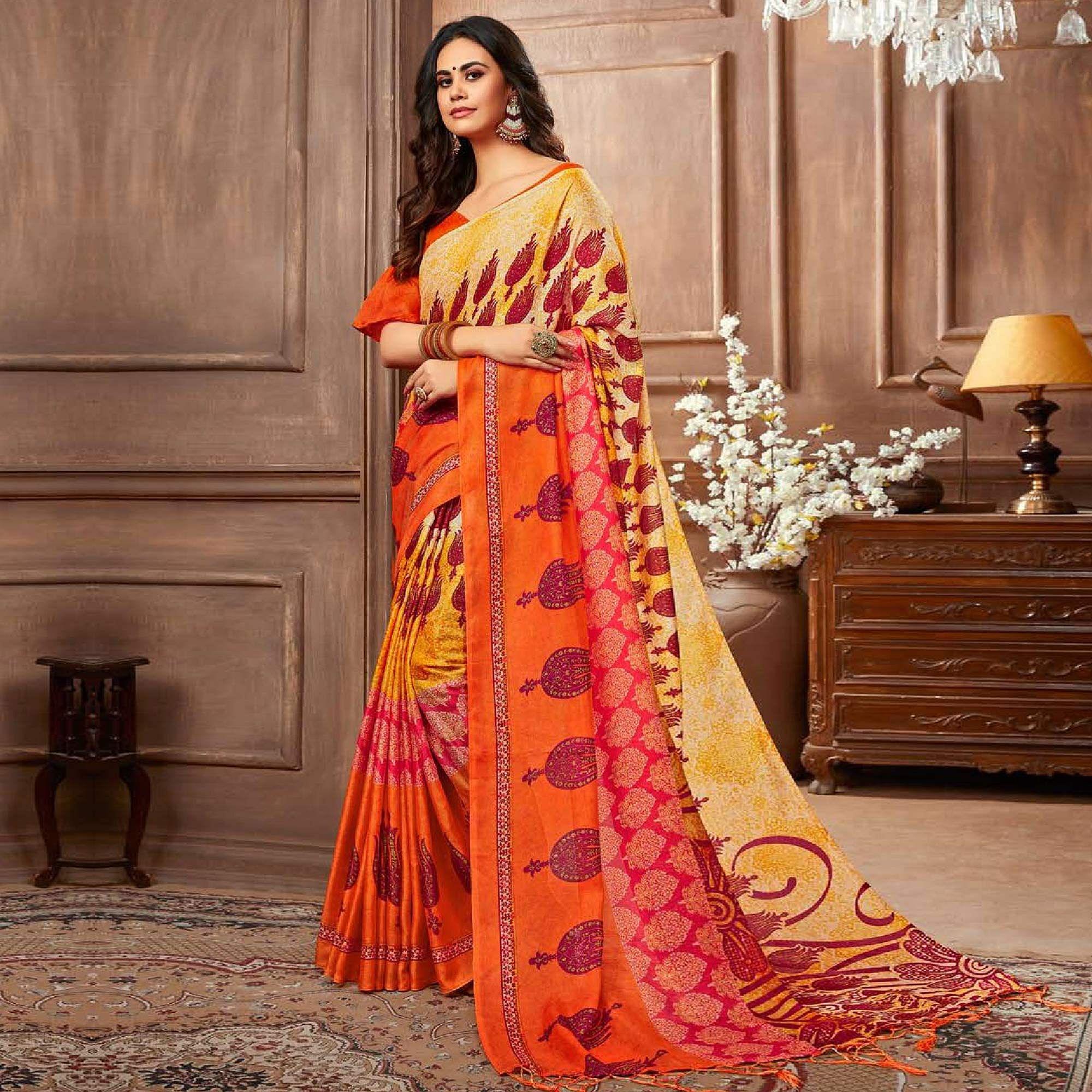 Demanding Orange-Multi Colored Casual Printed Linen Silk Saree - Peachmode