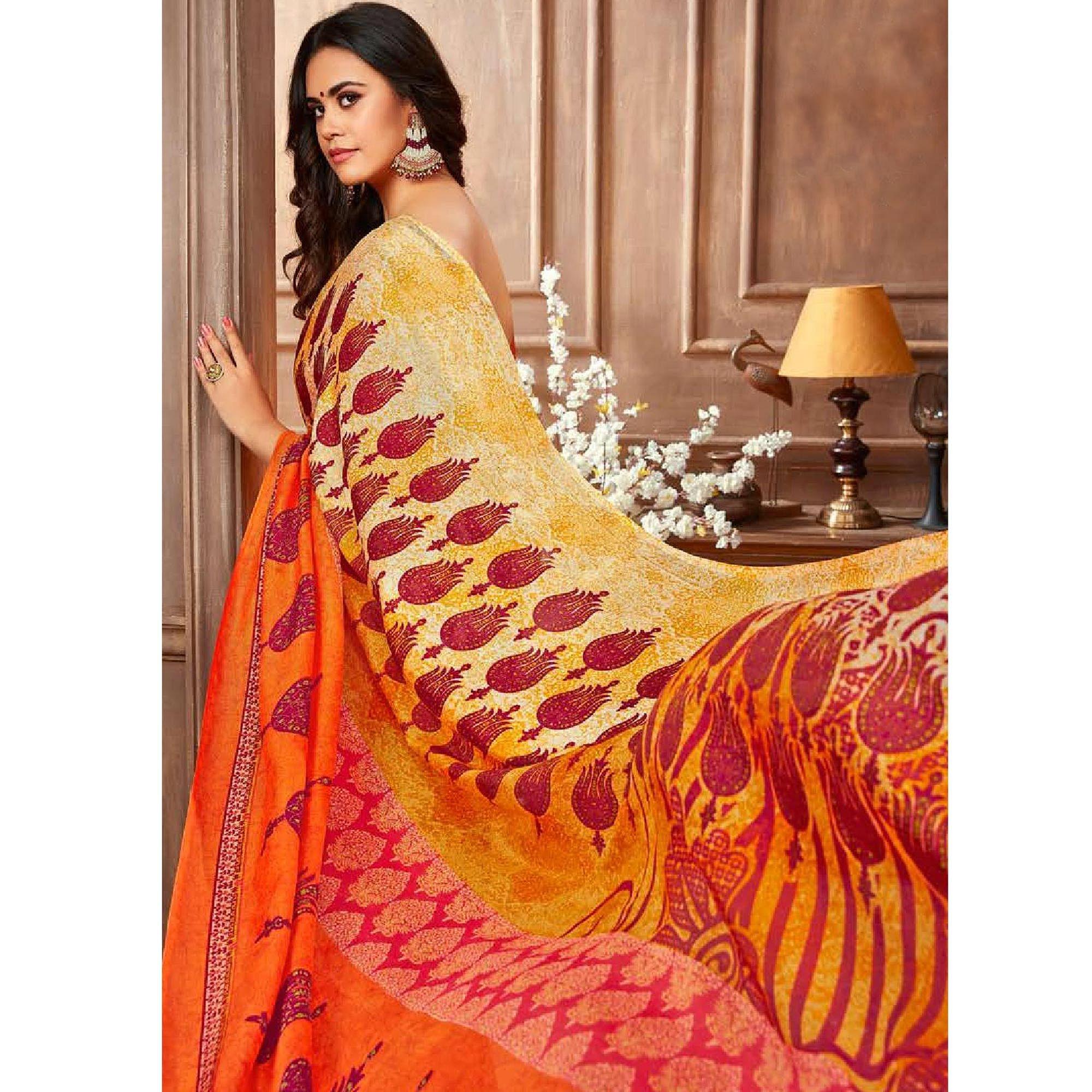 Demanding Orange-Multi Colored Casual Printed Linen Silk Saree - Peachmode