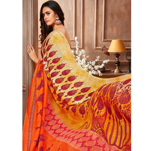 Demanding Orange-Multi Colored Casual Printed Linen Silk Saree - Peachmode