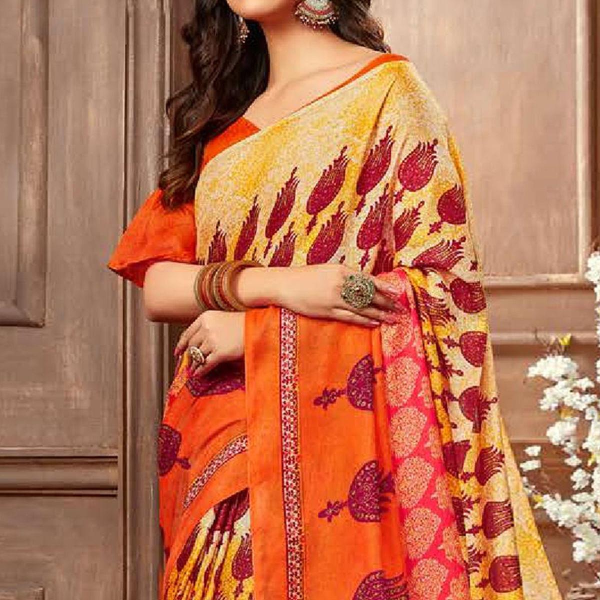 Demanding Orange-Multi Colored Casual Printed Linen Silk Saree - Peachmode