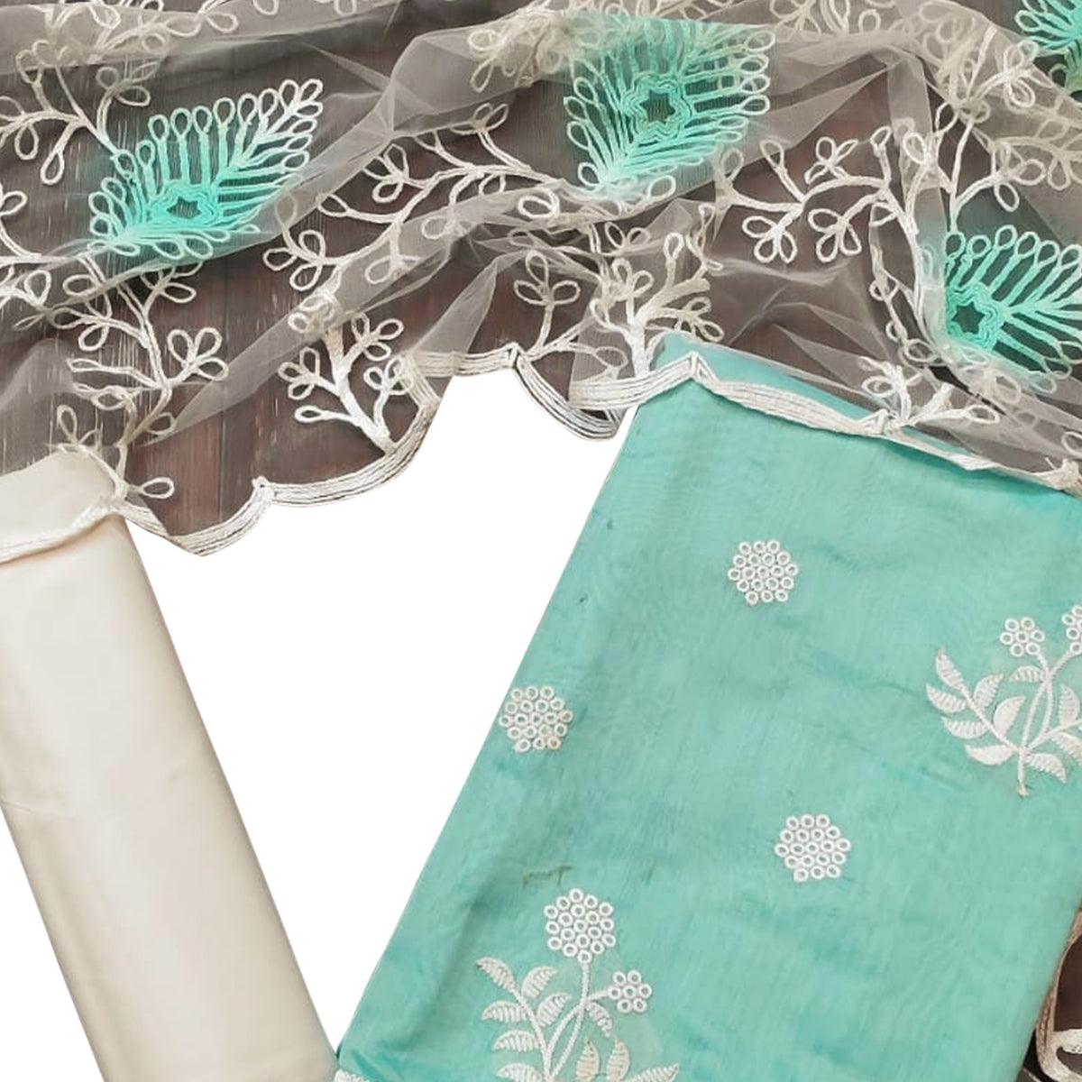 Demanding Pastel Blue Colored Casual Embroidered Chanderi Dress Material - Peachmode