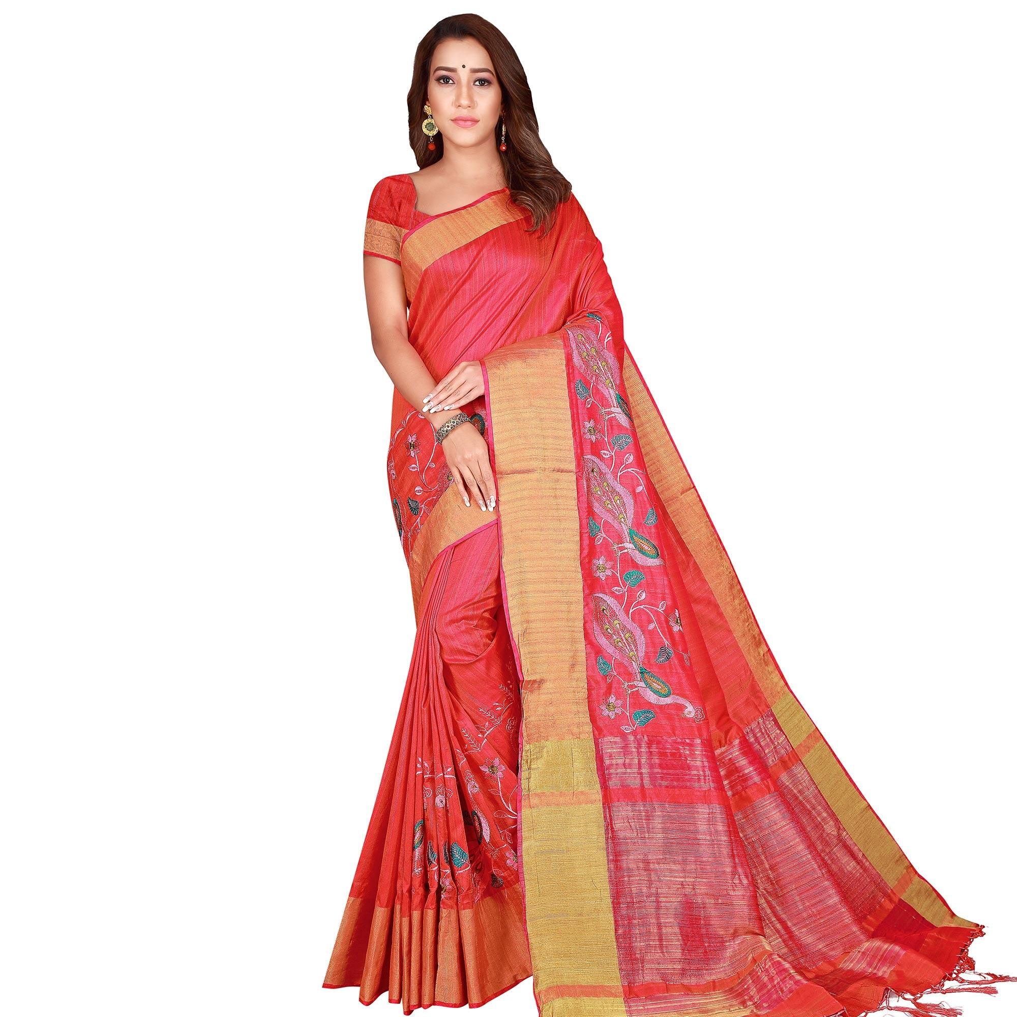 Demanding Peach Colored Festive Wear Woven Silk Saree - Peachmode