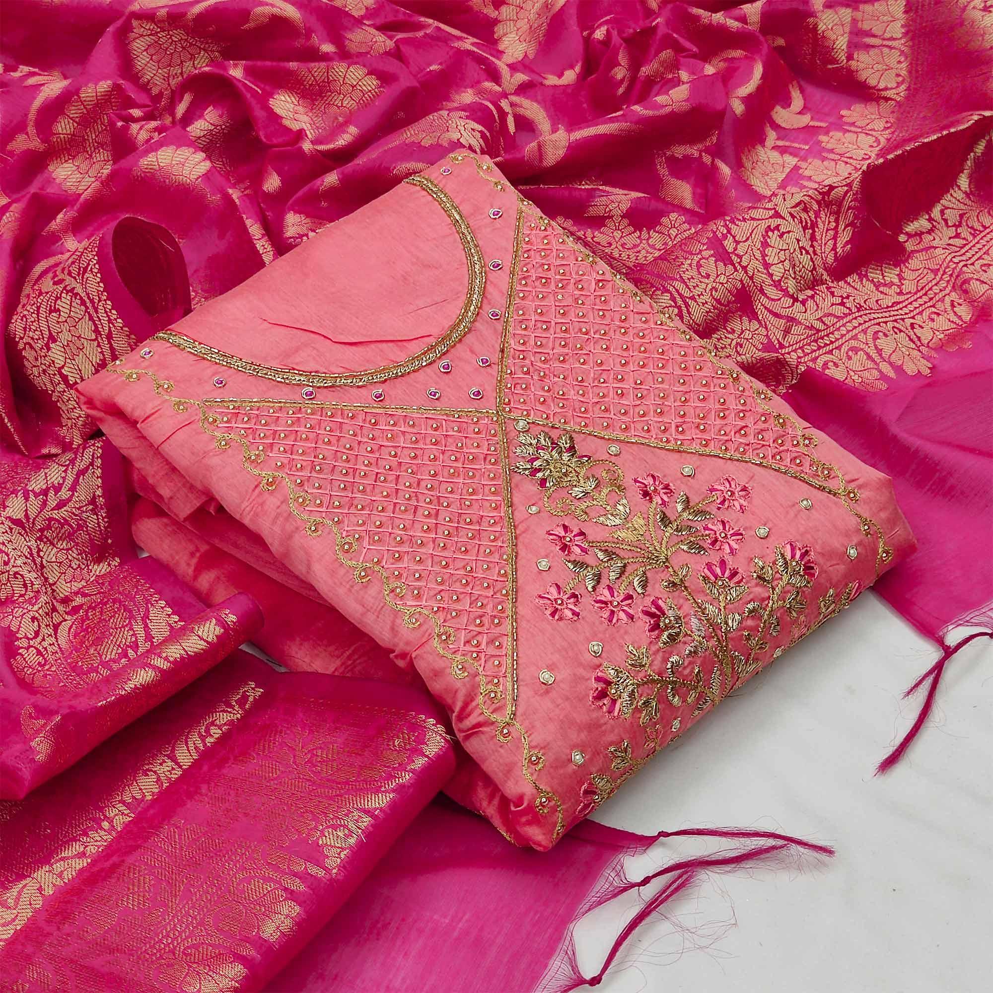 Demanding Pink Colored Festive Wear Embroidered Modal Chanderi Dress Material - Peachmode