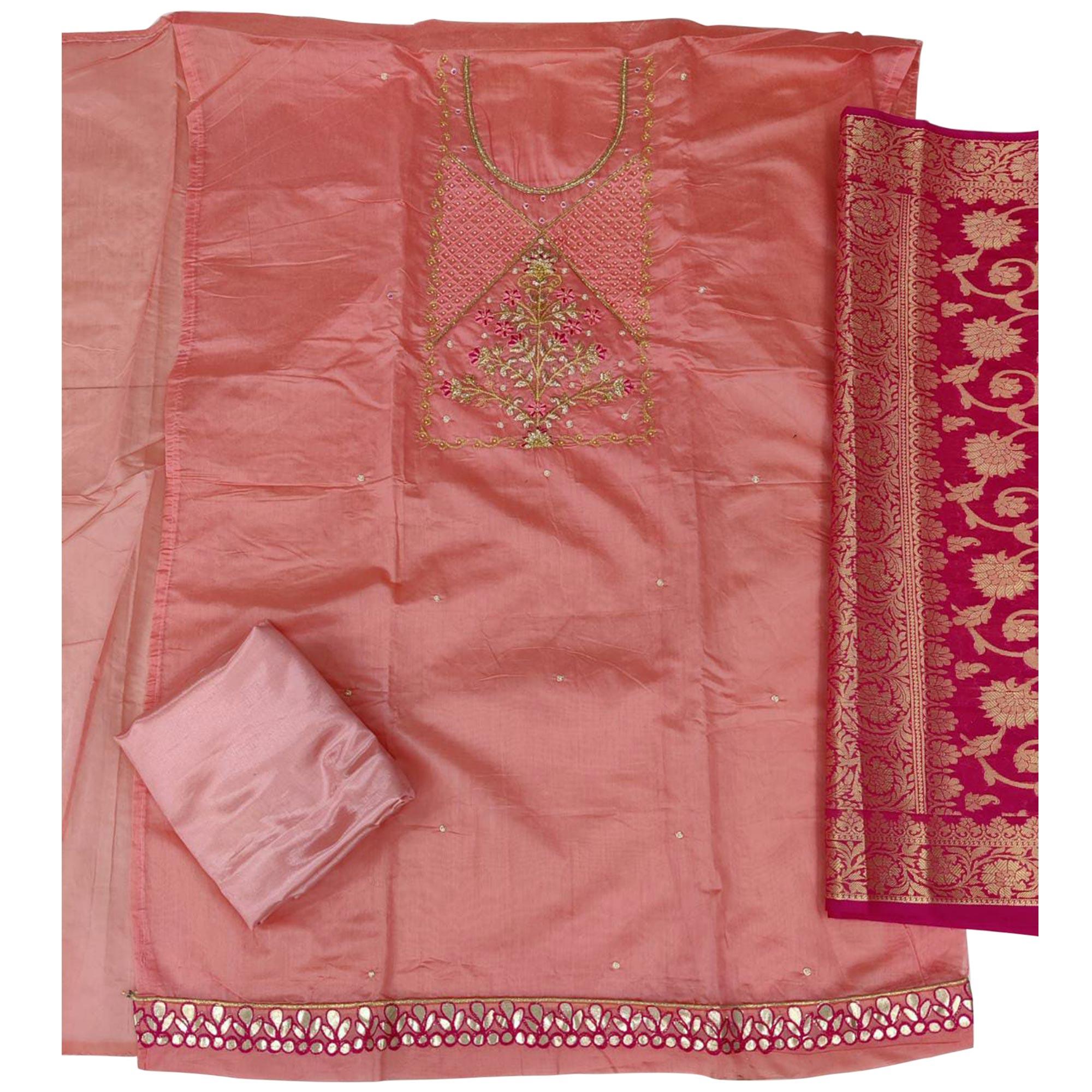 Demanding Pink Colored Festive Wear Embroidered Modal Chanderi Dress Material - Peachmode