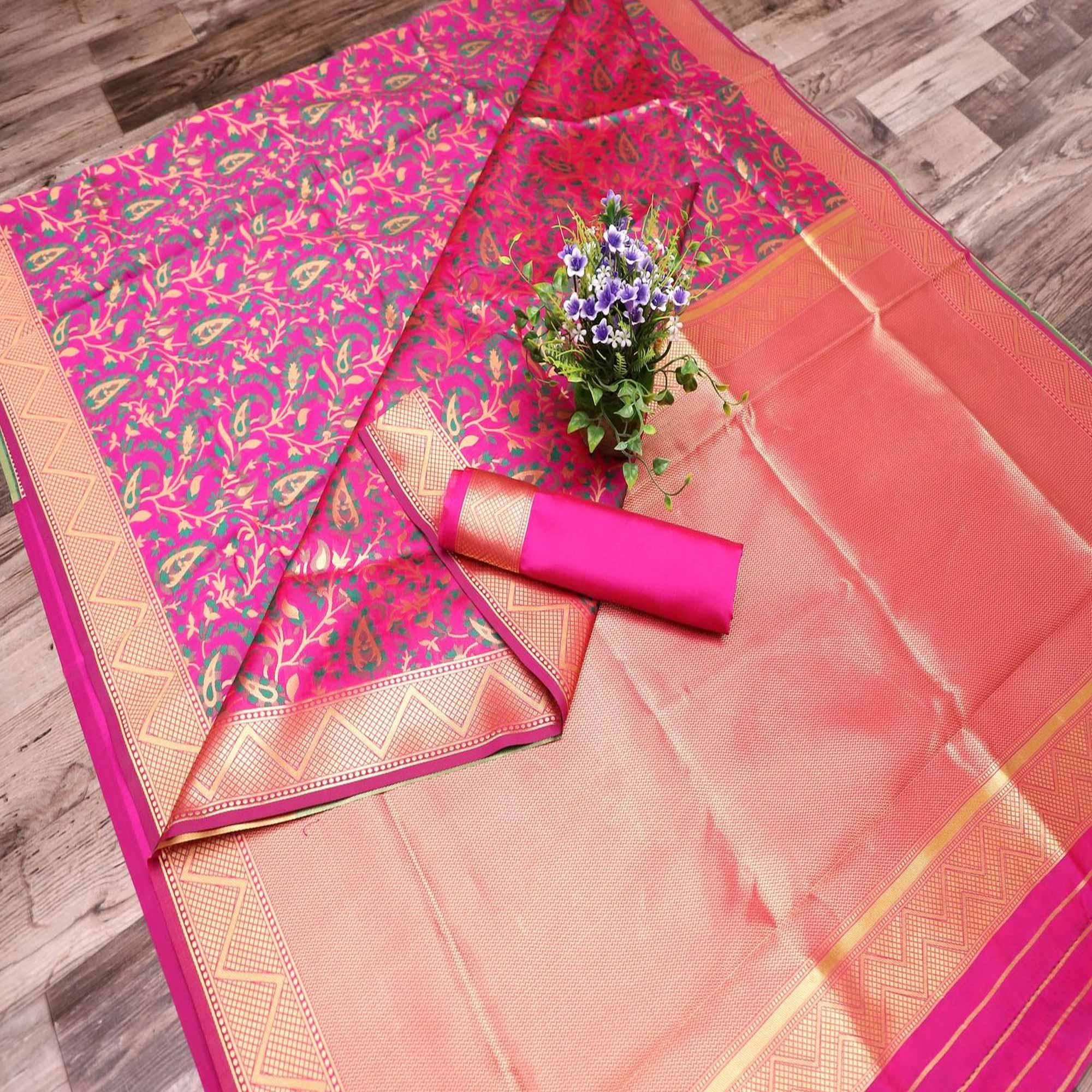 Demanding Pink Colored Festive Wear Printed Banarasi Silk Saree - Peachmode