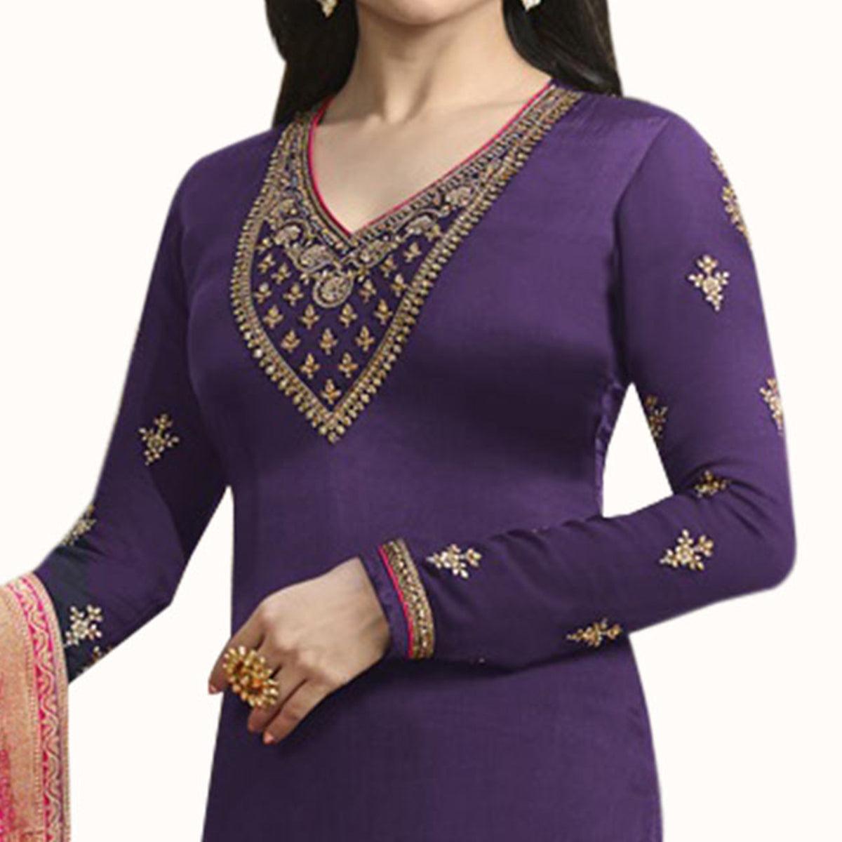 Demanding Purple Colored Party Wear Embroidered Georgette Suit - Peachmode