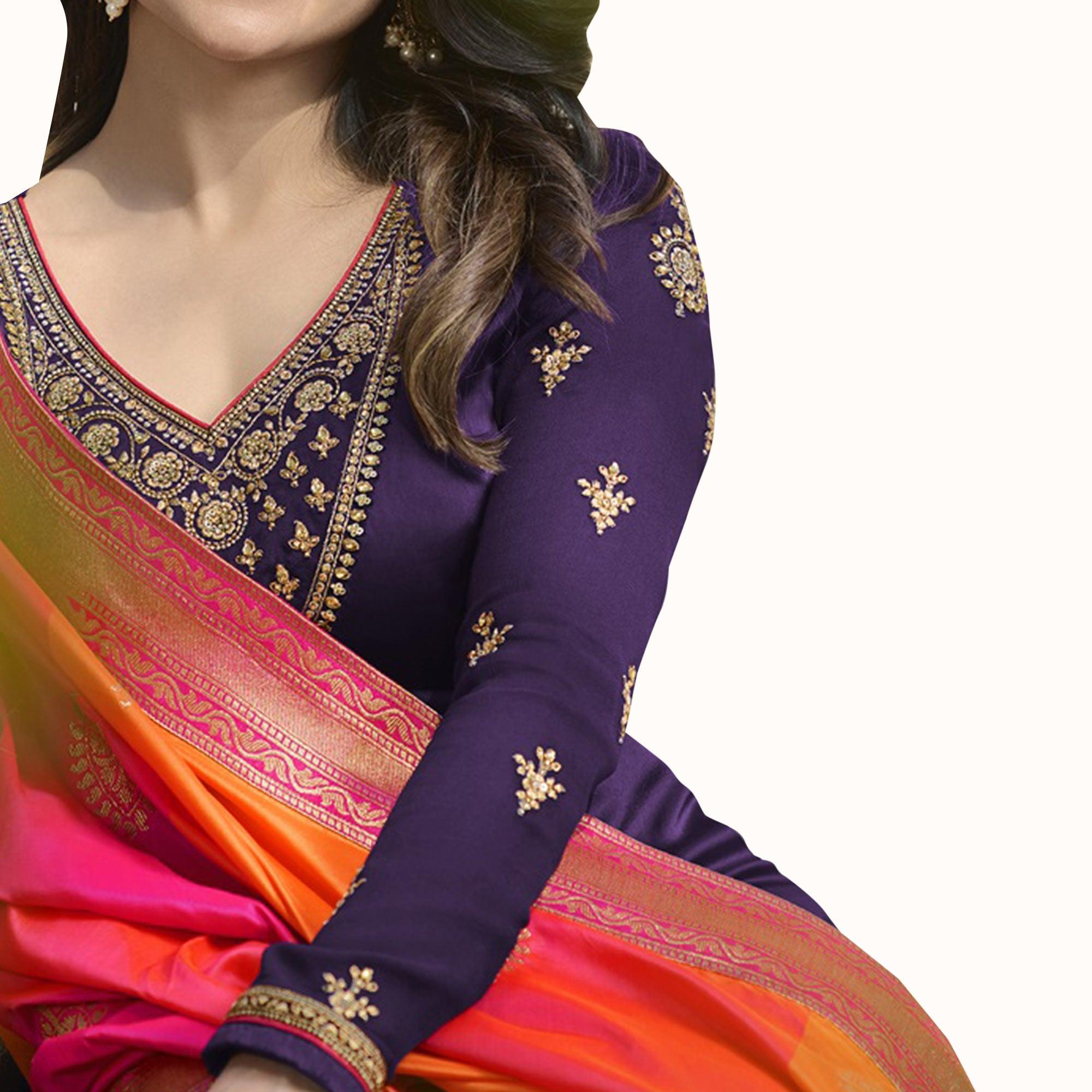 Demanding Purple Colored Party Wear Embroidered Georgette Suit - Peachmode