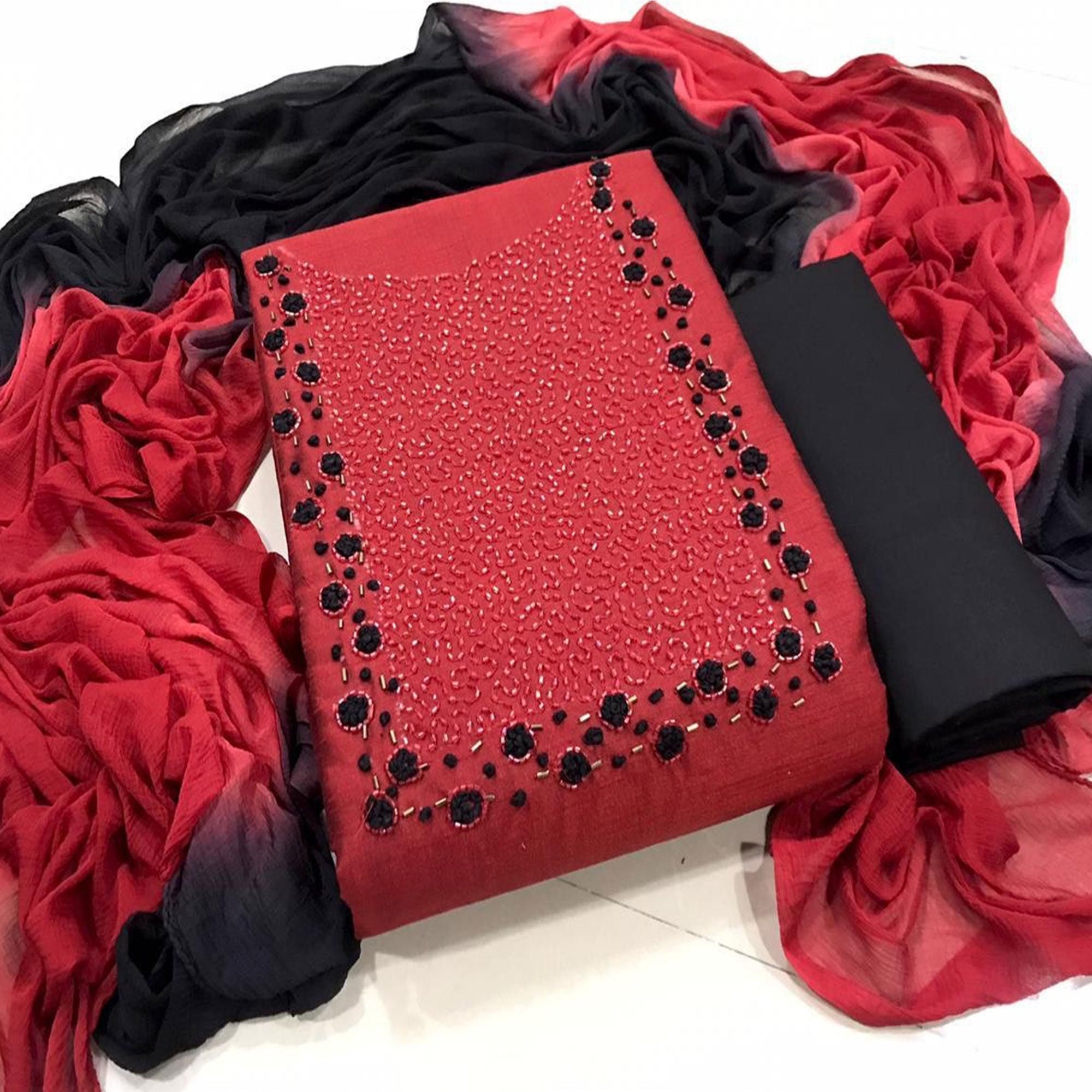 Demanding Red Colored Casual Wear Embroidered Semi Modal Dress Material - Peachmode