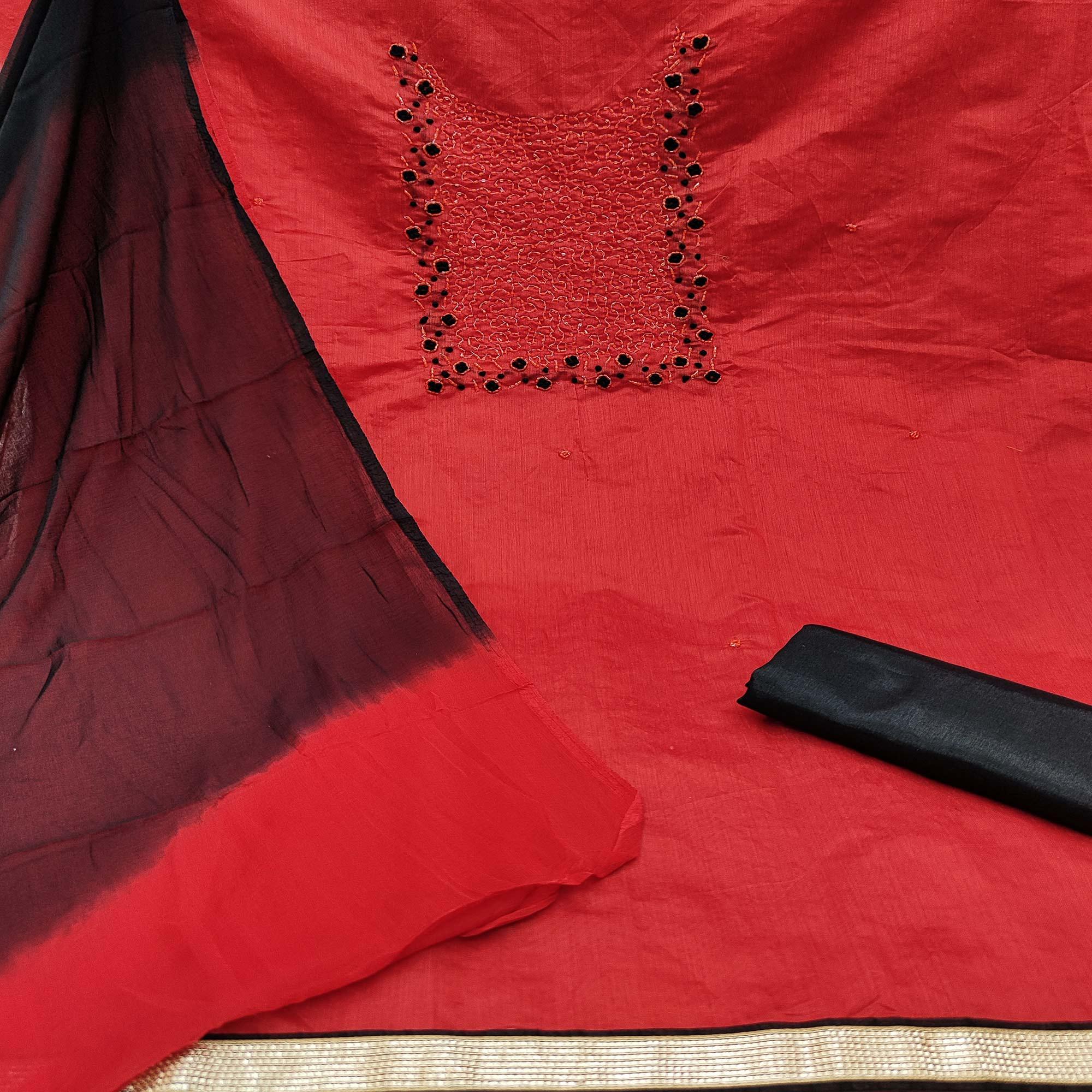 Demanding Red Colored Casual Wear Embroidered Semi Modal Dress Material - Peachmode