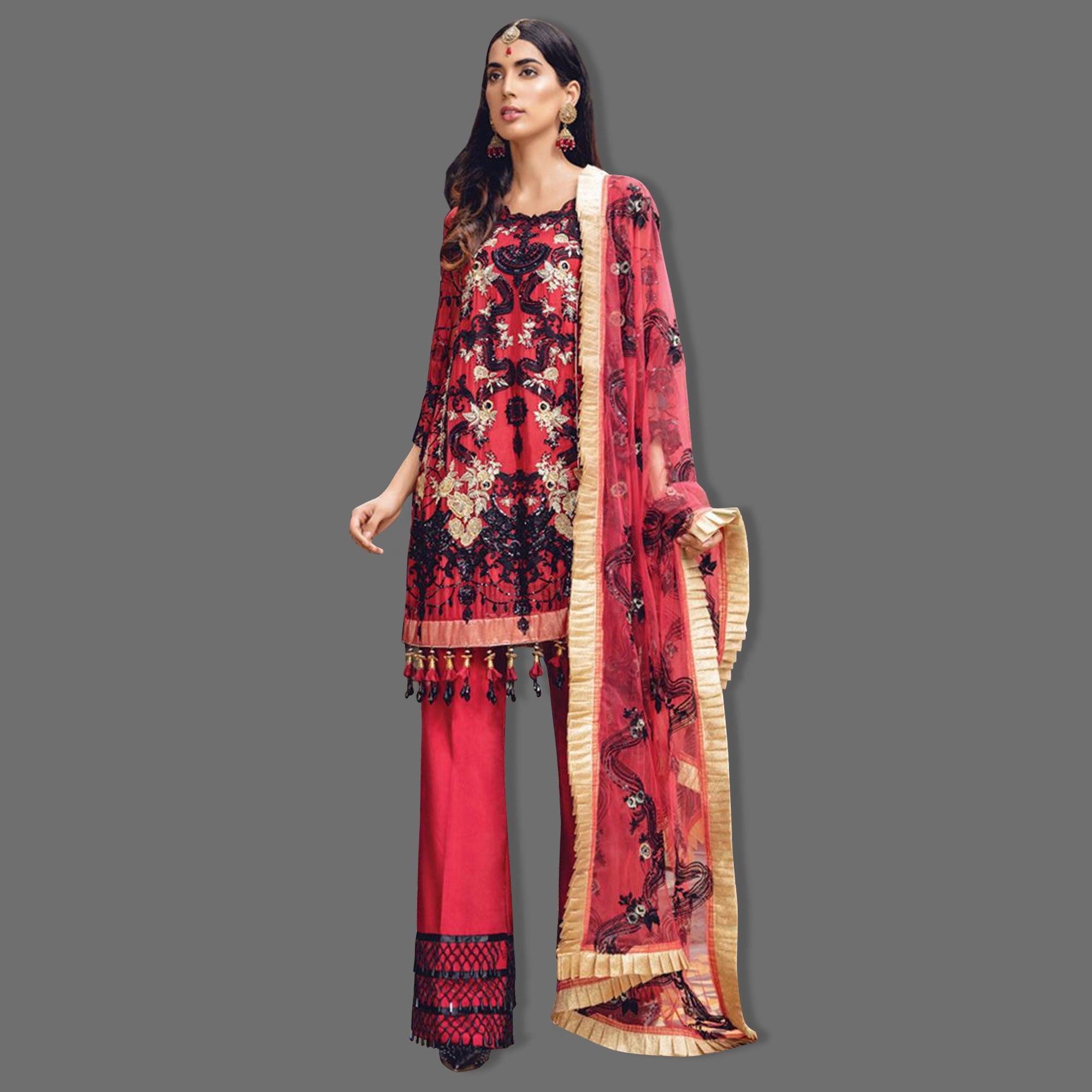 Demanding Red Colored Partywear Embroidered Georgette Palazzo Suit - Peachmode