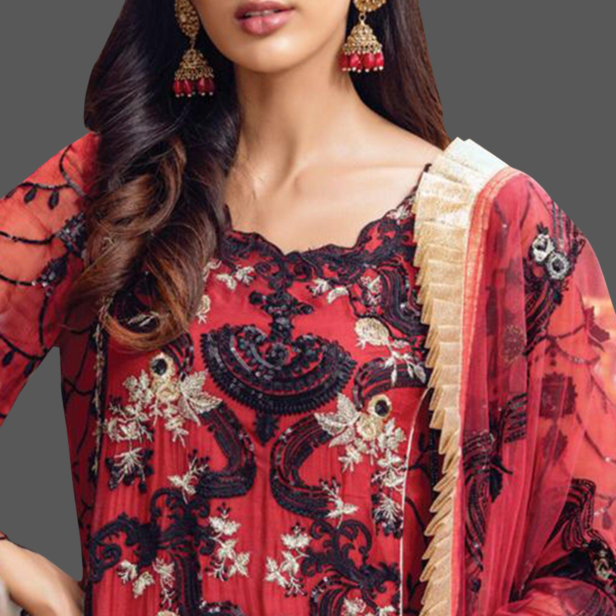 Demanding Red Colored Partywear Embroidered Georgette Palazzo Suit - Peachmode