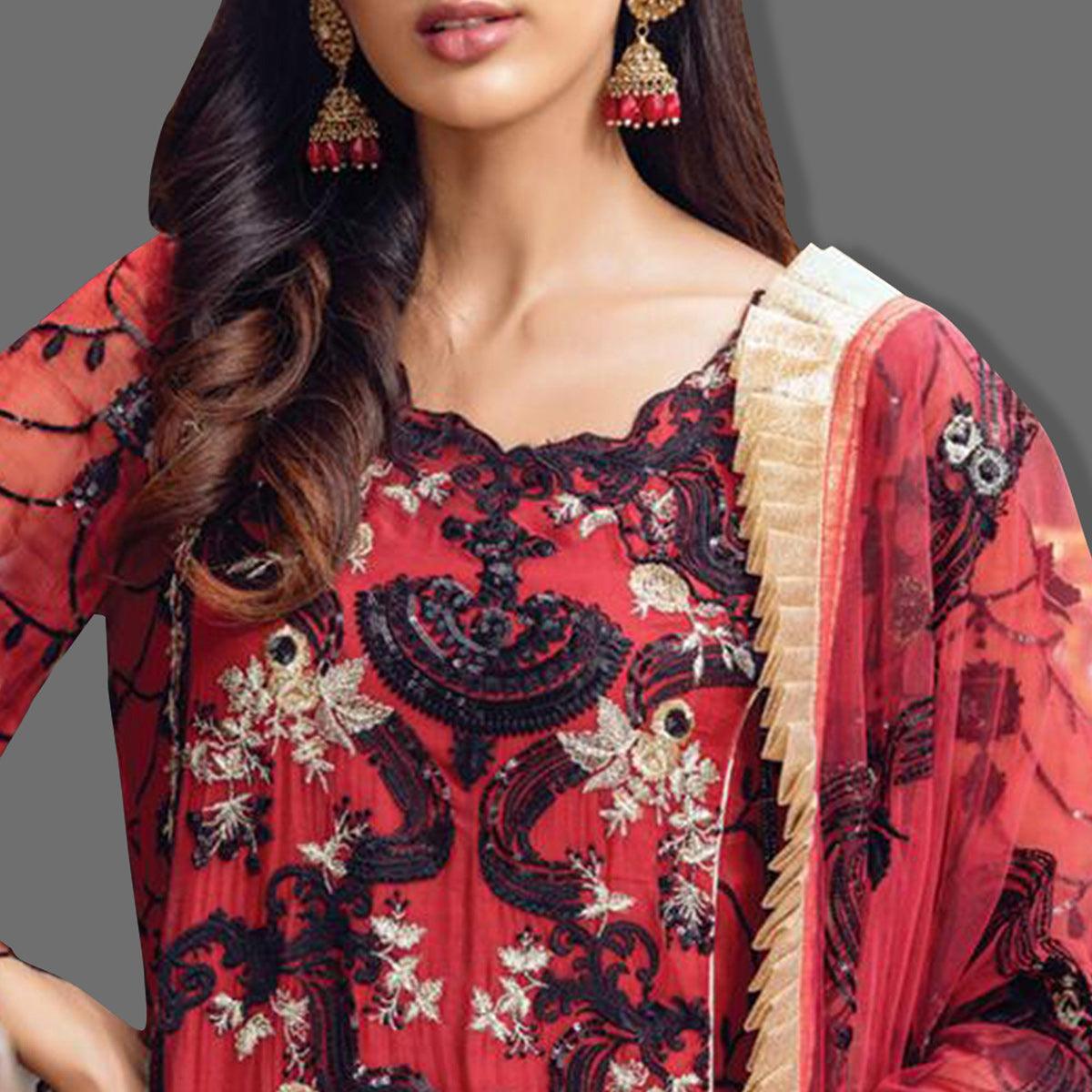 Demanding Red Colored Partywear Embroidered Georgette Palazzo Suit - Peachmode