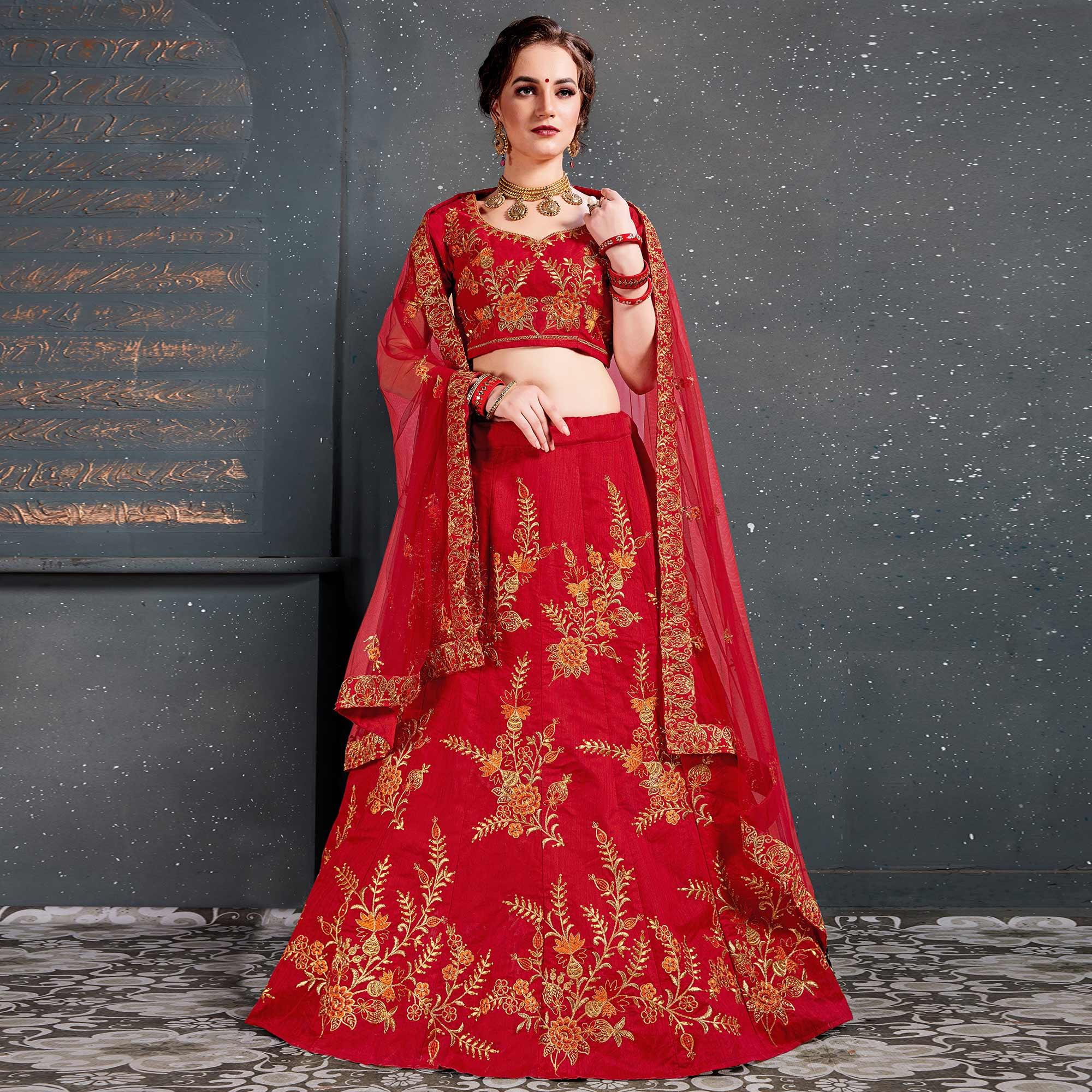 Demanding Red Colored Wedding Wear Embroidered Silk Lehenga Choli - Peachmode